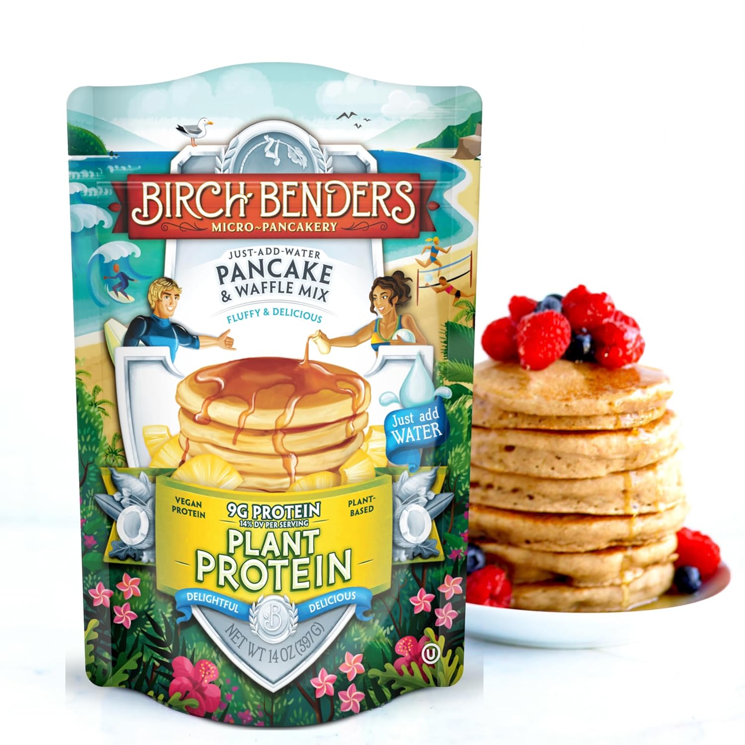 Birch Benders – Mezcla de proteína vegetal para panqueques y waffles, 14 onzas (paquete de 2) con cucharas giratorias By The Cup
