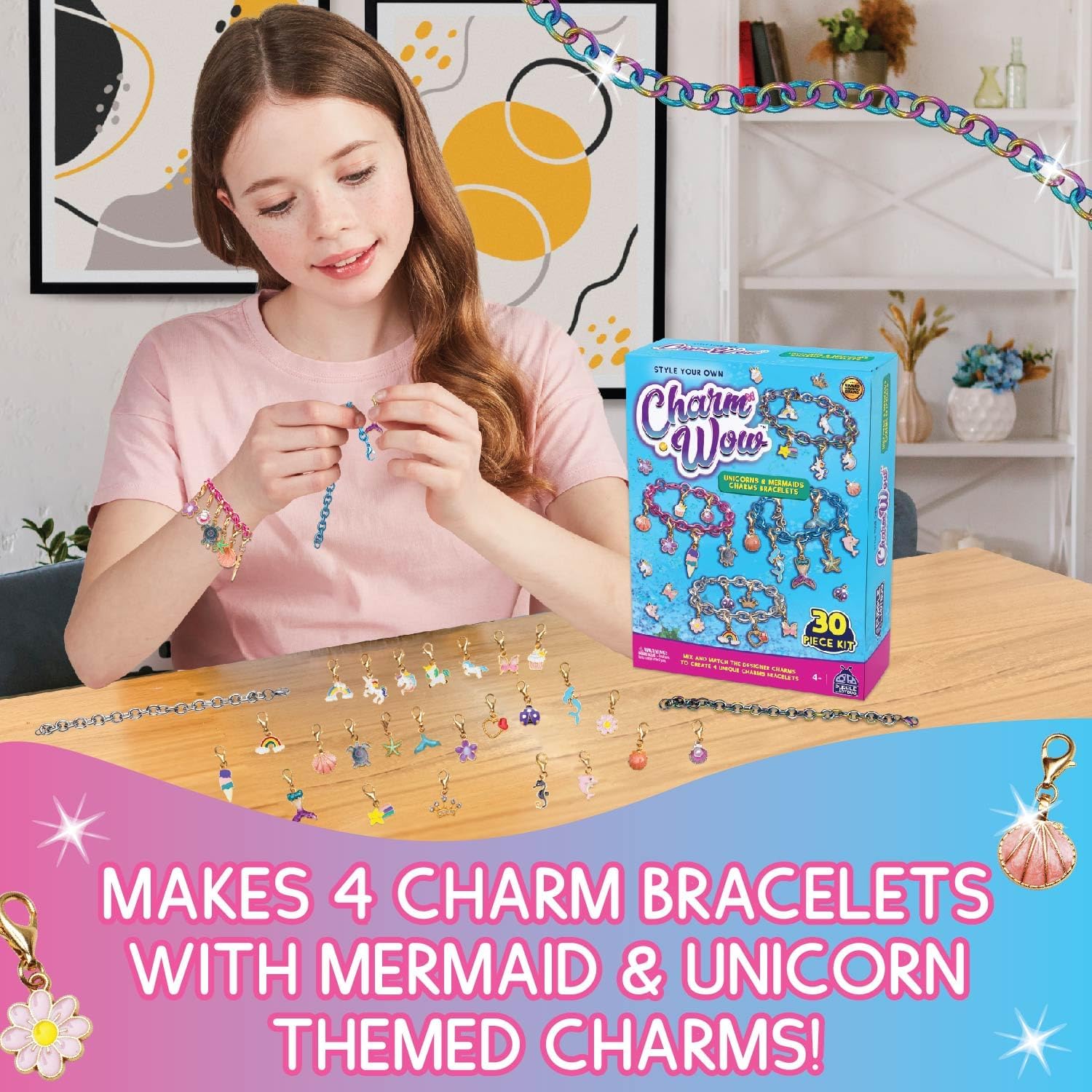 CharmWow – Kit de fabricación de joyas de sirena y unicornio para niñas de 4 años en adelante, crea pulsera de unicornio para niñas de 4 a 6 años o