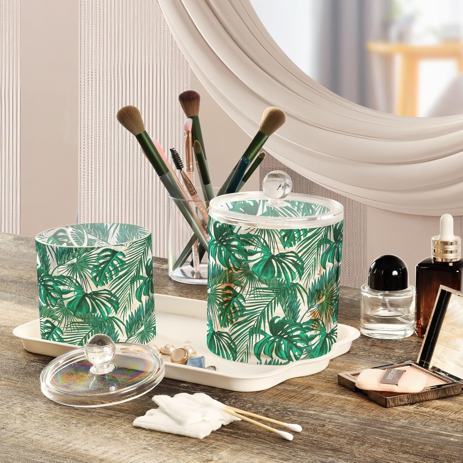 KOPIRIT Palm Leaves Jars with Lids Canister Jar Bathroom Containers Small Jars Cotton Round Holder for Dorm Room Essentials for College Students