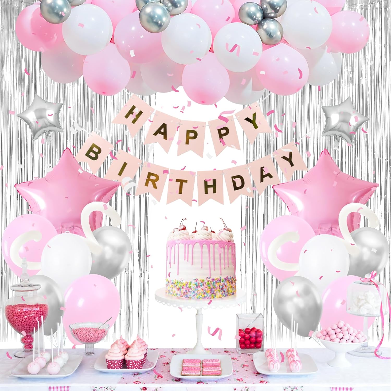108 piezas de decoración de fiesta rosa, kit de arco de guirnalda de globos con pancarta de feliz cumpleaños, cortinas de flecos metálicos,