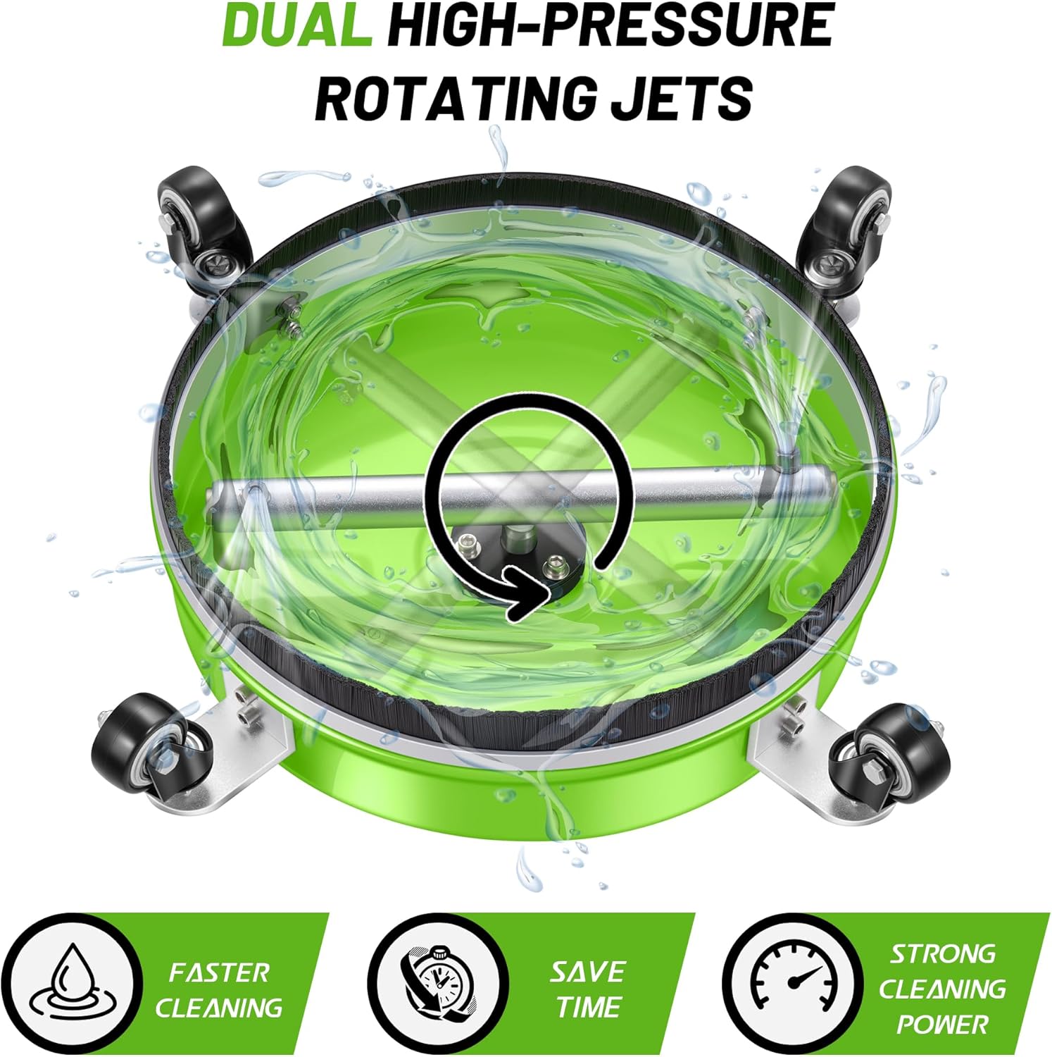 PWS14G – Limpiador de superficies de hidrolavadora de 14 pulgadas con 4 ruedas, limpiador de superficies de acero inoxidable verde recubierto para