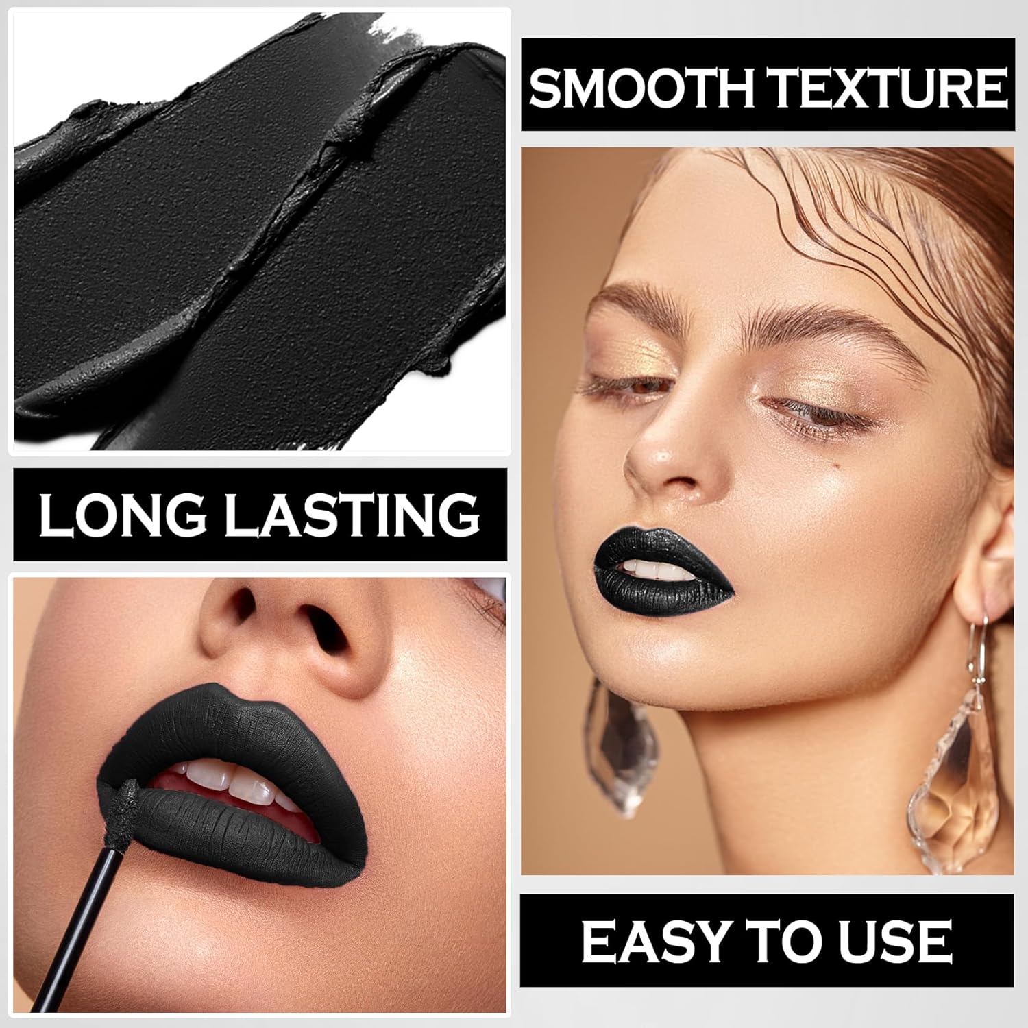 ZHISHUDL Juego de delineadores de labios negro mate, lápiz labial líquido negro, tinte de labios de alta pigmentación negro y brillo de labios para