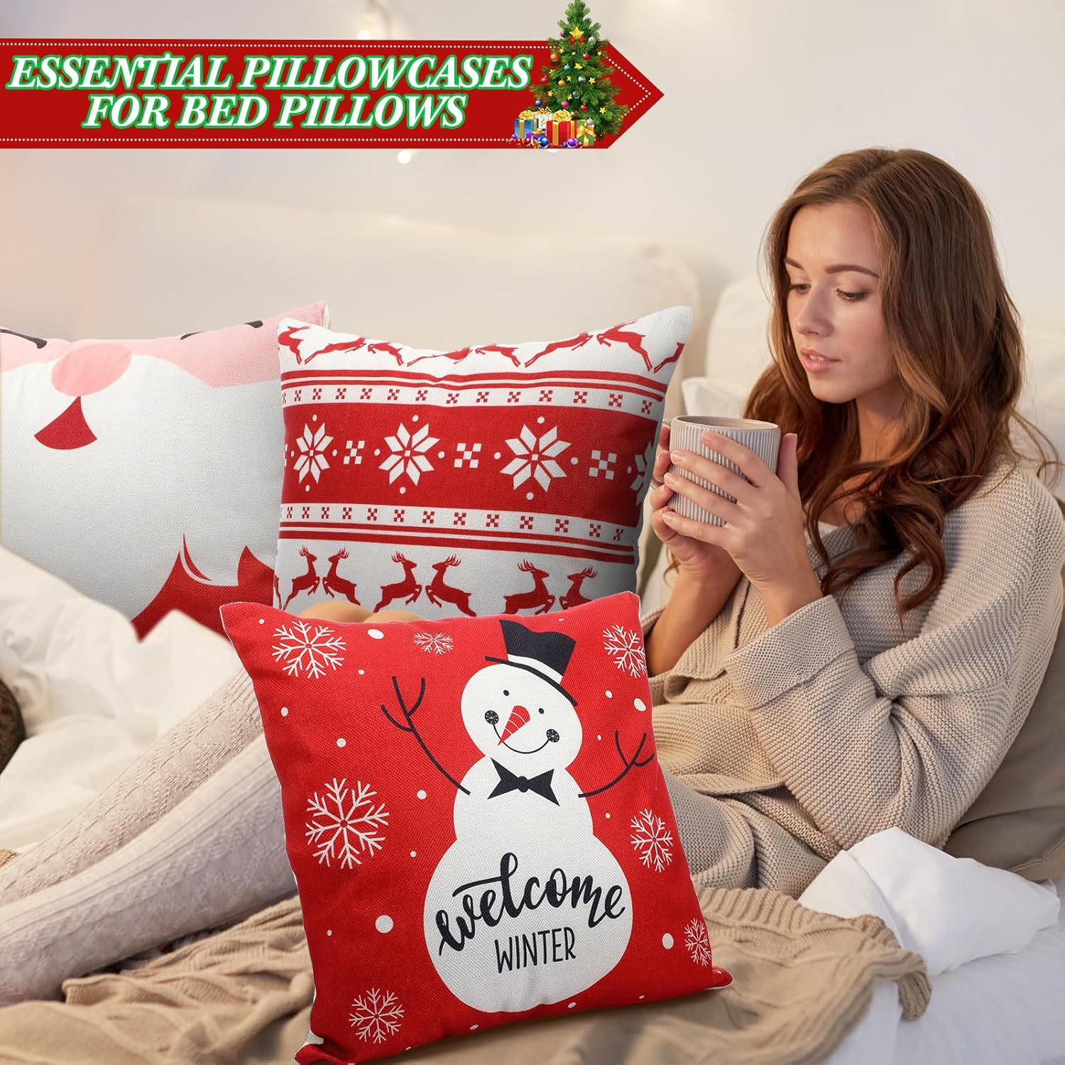 Huwena 12 fundas de almohada de Navidad de 18 x 18 pulgadas, fundas de almohada de Navidad para el hogar, decoración de árbol de Navidad, fundas de