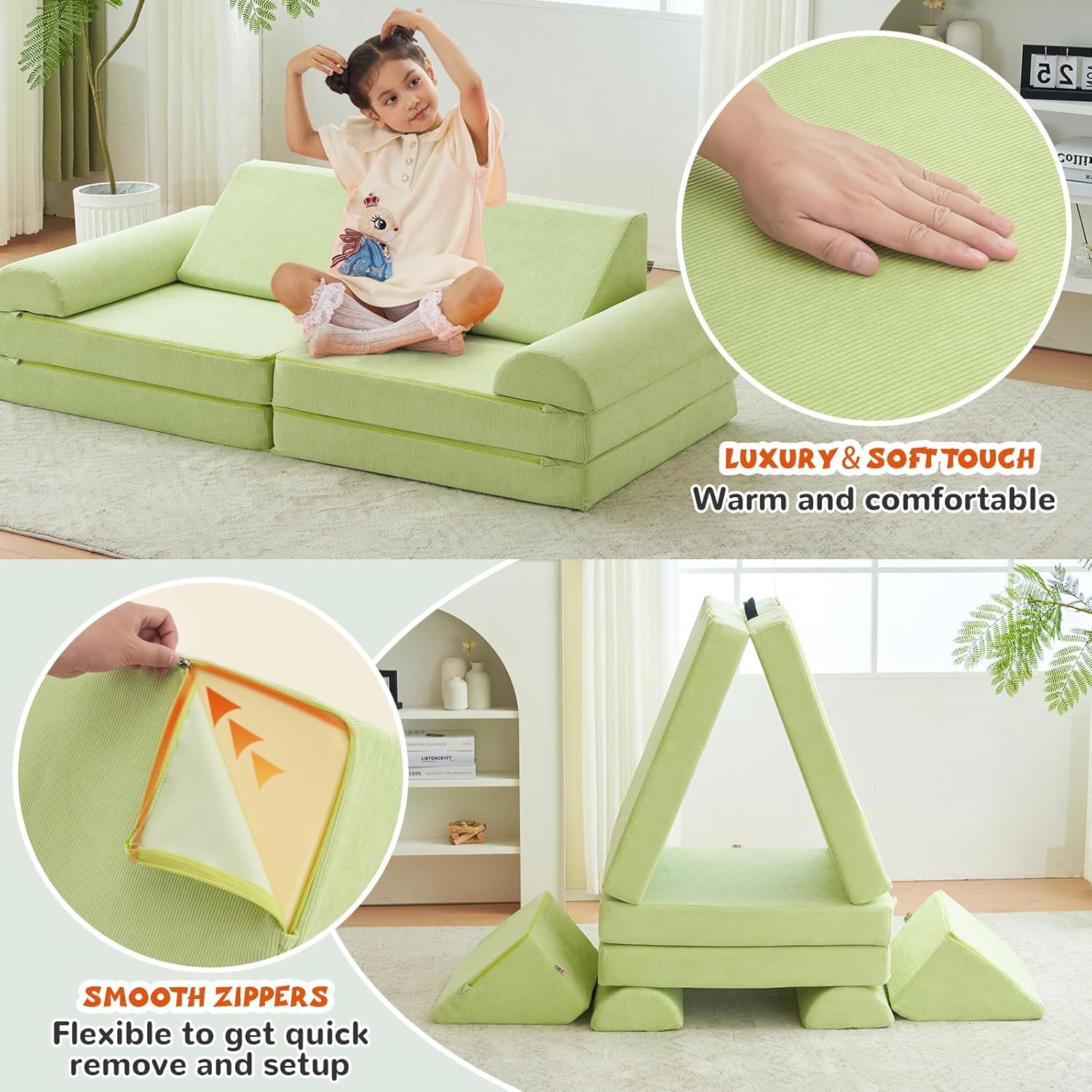 jela Kids Couch, Floor Sofa Modular Funiture for Kids, Luxury Corduroy Fabric Playhouse Play Set for Toddlers Babies, Modular Foam Play Couch Indoor
