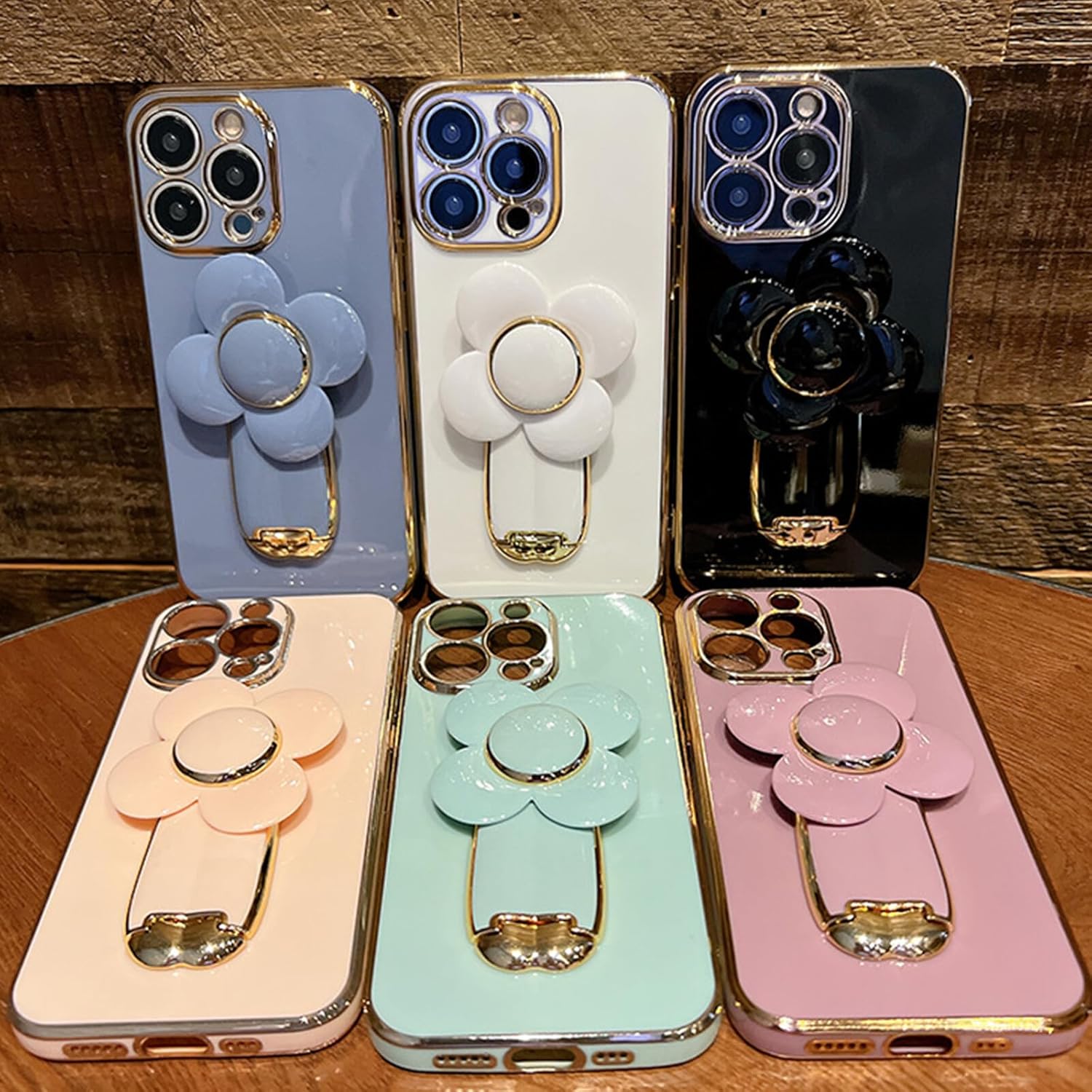 DEAVON Funda compatible con iPhone 13 Pro Max, funda protectora suave chapada en oro con soporte oculto, bonita funda giratoria para reducir el