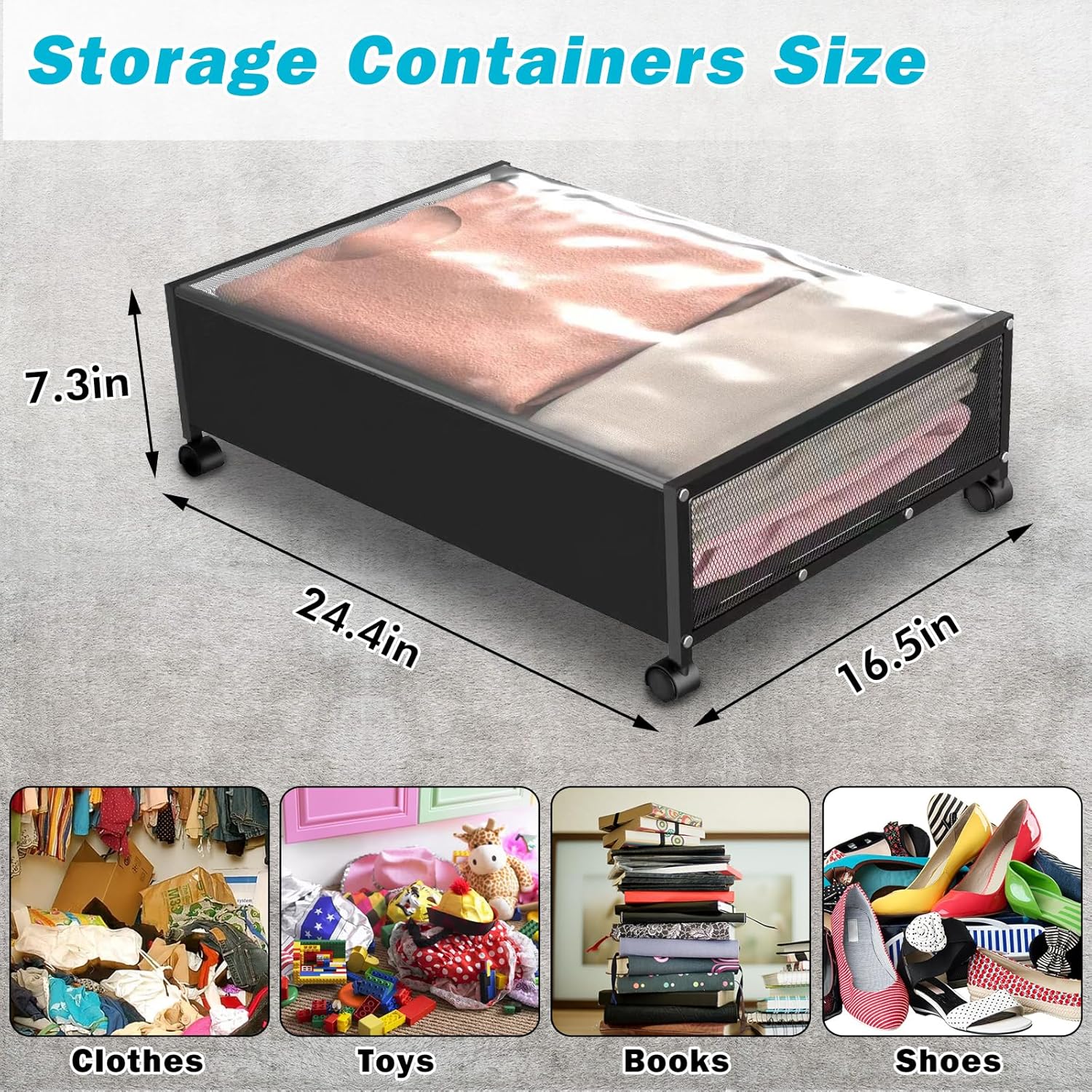 steauty Almacenamiento debajo de la cama con ruedas, contenedores de almacenamiento de metal debajo de la cama con cubierta transparente, cajas de