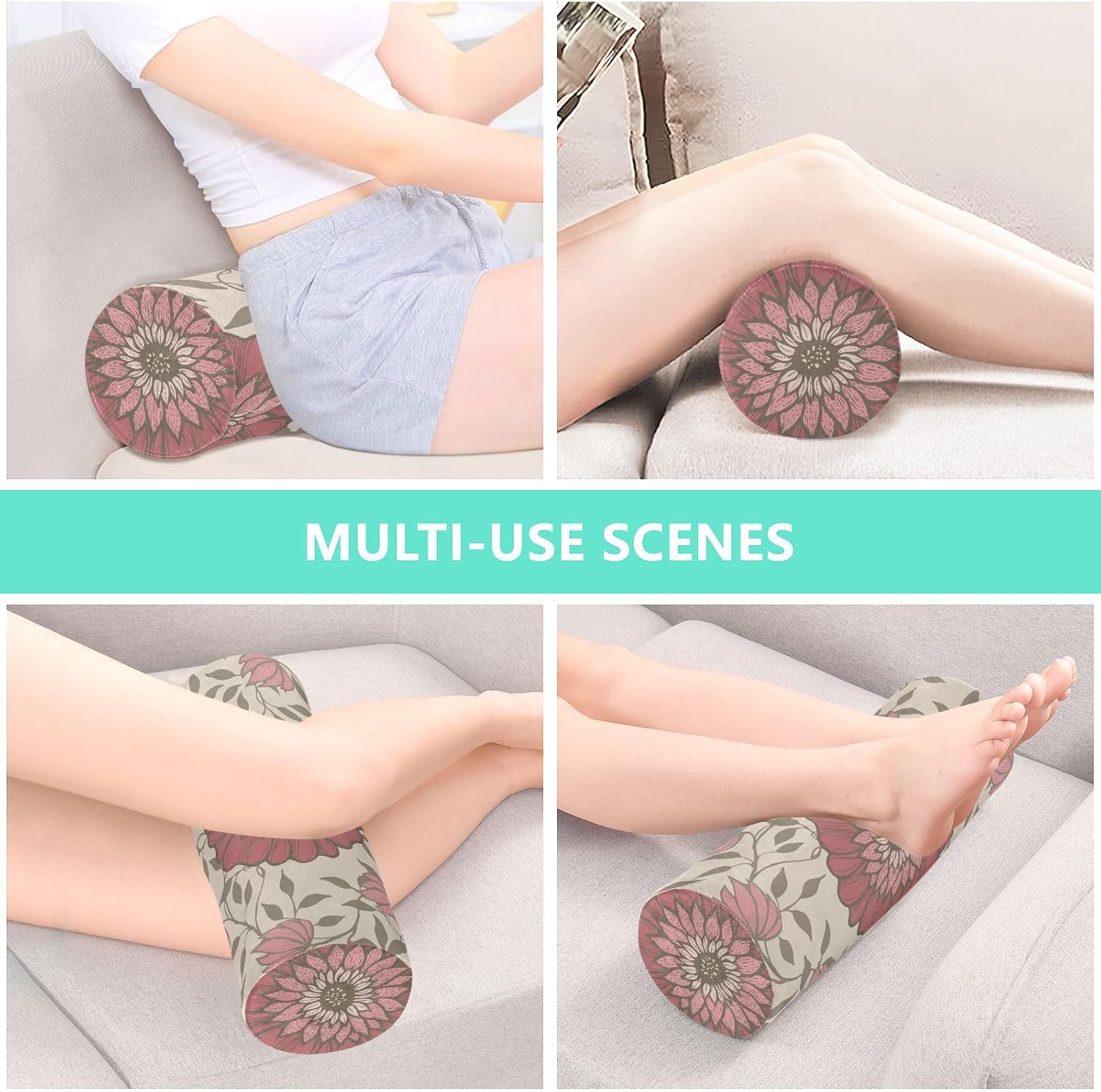 KLL Retro Plain Floral Pattern Bolster Pillow for Legs Massage Table Neck Roll Pillow Insert Round Pillow Form Circular Pillow Cushion Pillow Neck