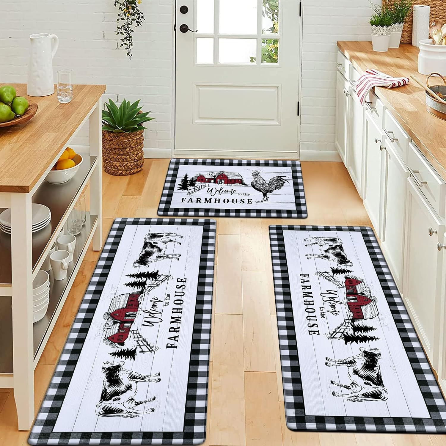 ASPMIZ Juego de 3 piezas de alfombras de cocina estilo casa de campo, antideslizantes, antifatiga, tapetes de cocina rústicos, acolchados,