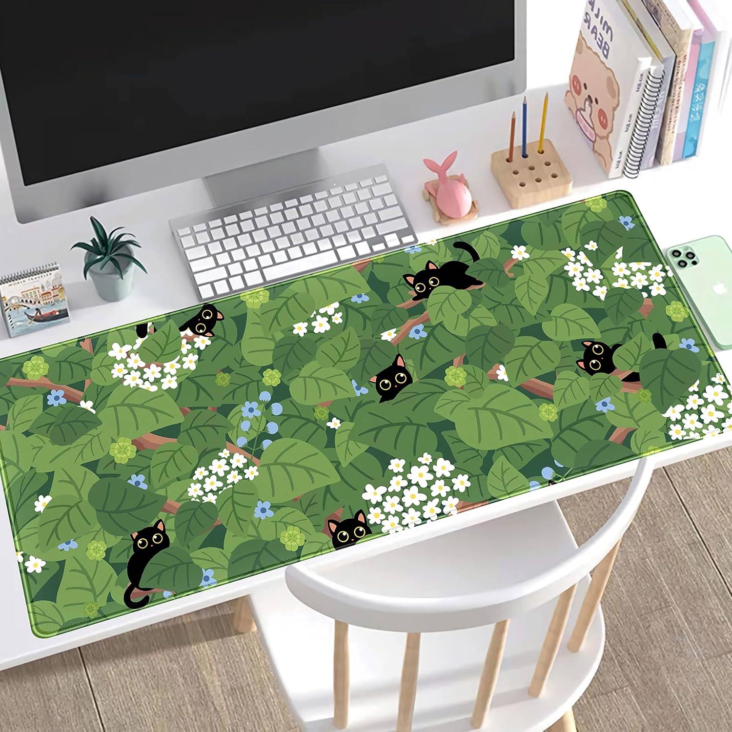 Tapete de escritorio con diseño de hojas verdes, diseño de gato negro, diseño de gato negro, extendido, grande, para videojuegos, XXL, para