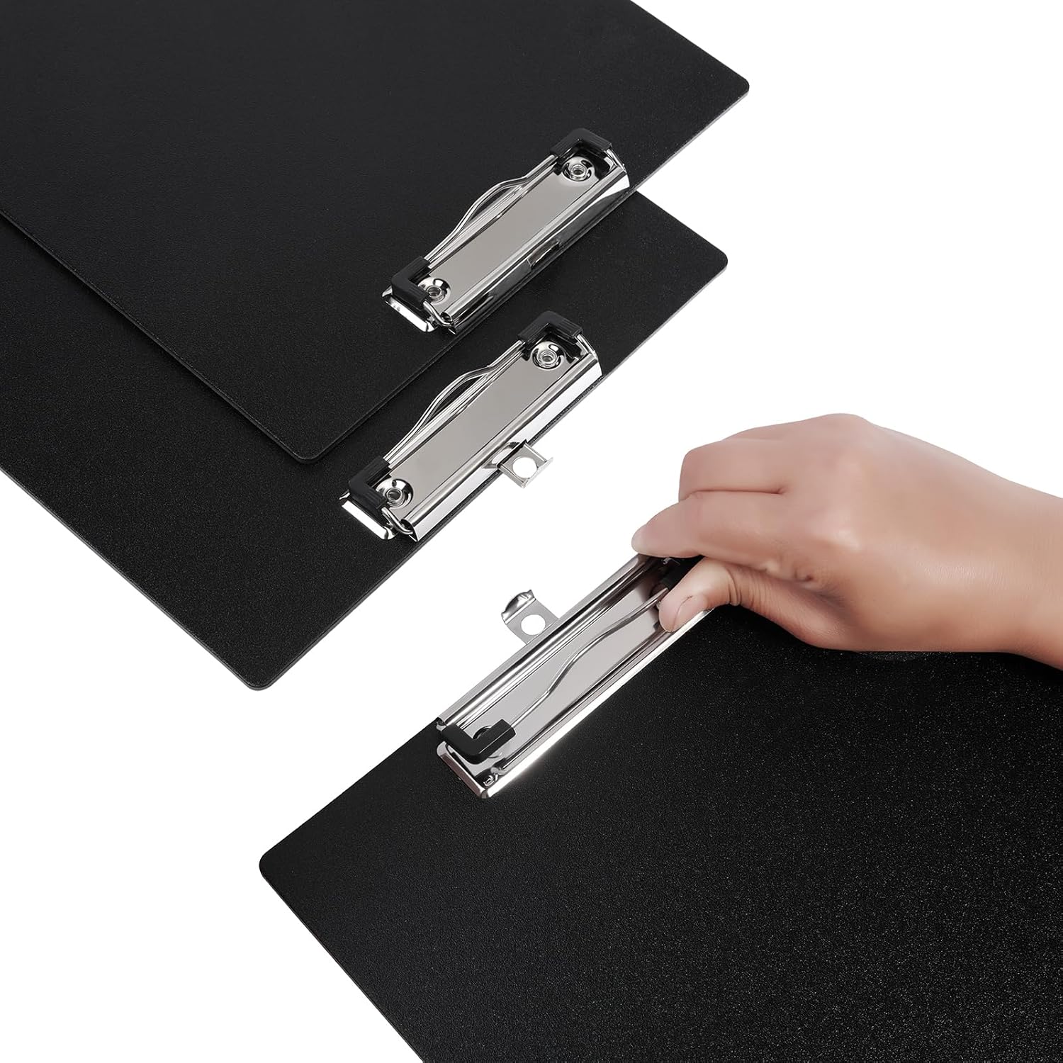 BOMKEE Portapapeles color negro, paquete de 10 portapapeles tamaño carta A4 con clip de metal de perfil bajo y agujero para colgar para oficina y