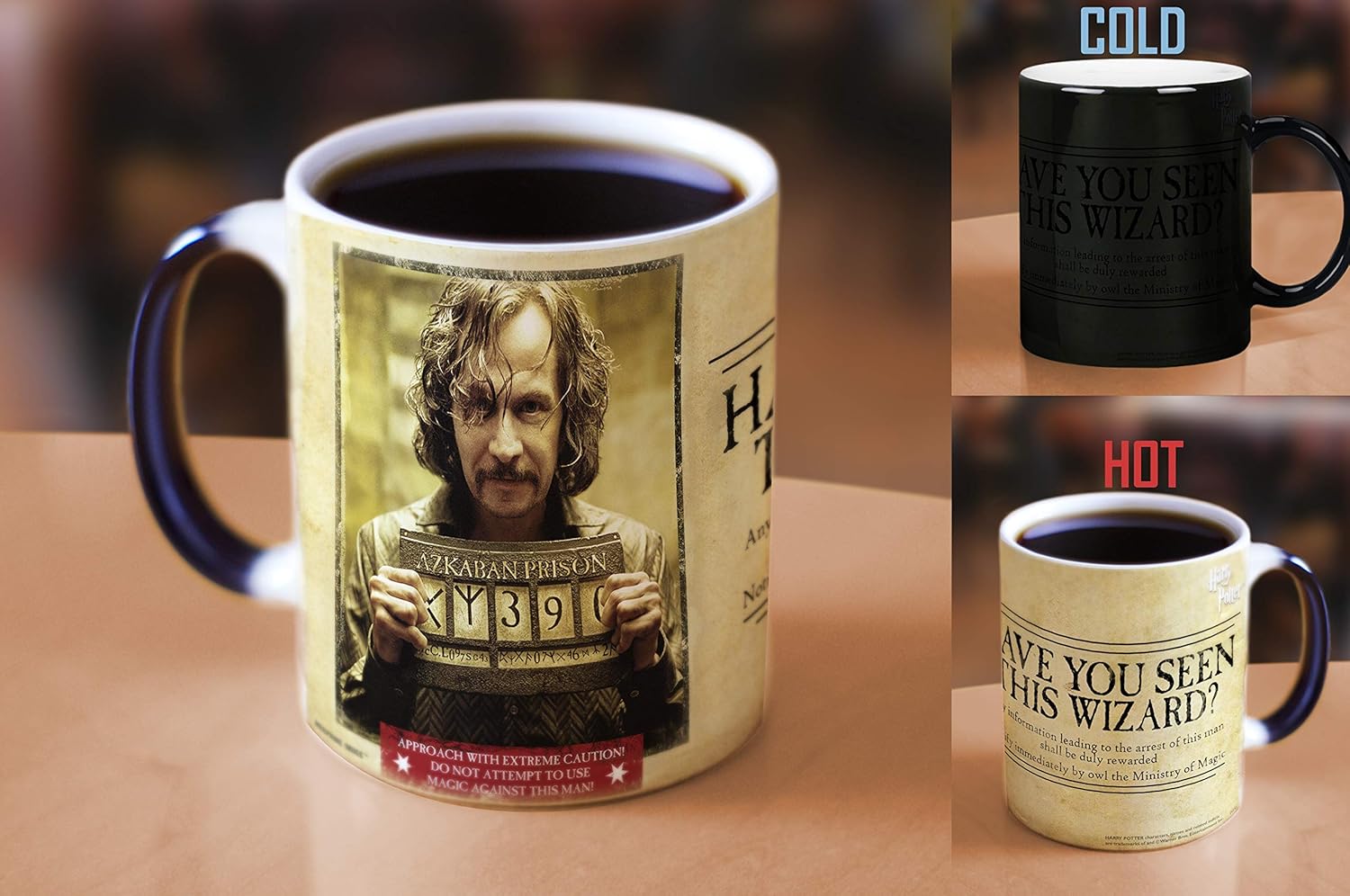 Morphing Mugs Harry Potter – Sirius Black – Wanted Wizard – Una taza de cerámica sensible al calor que cambia de color de 11 onzas  Imagen revelada