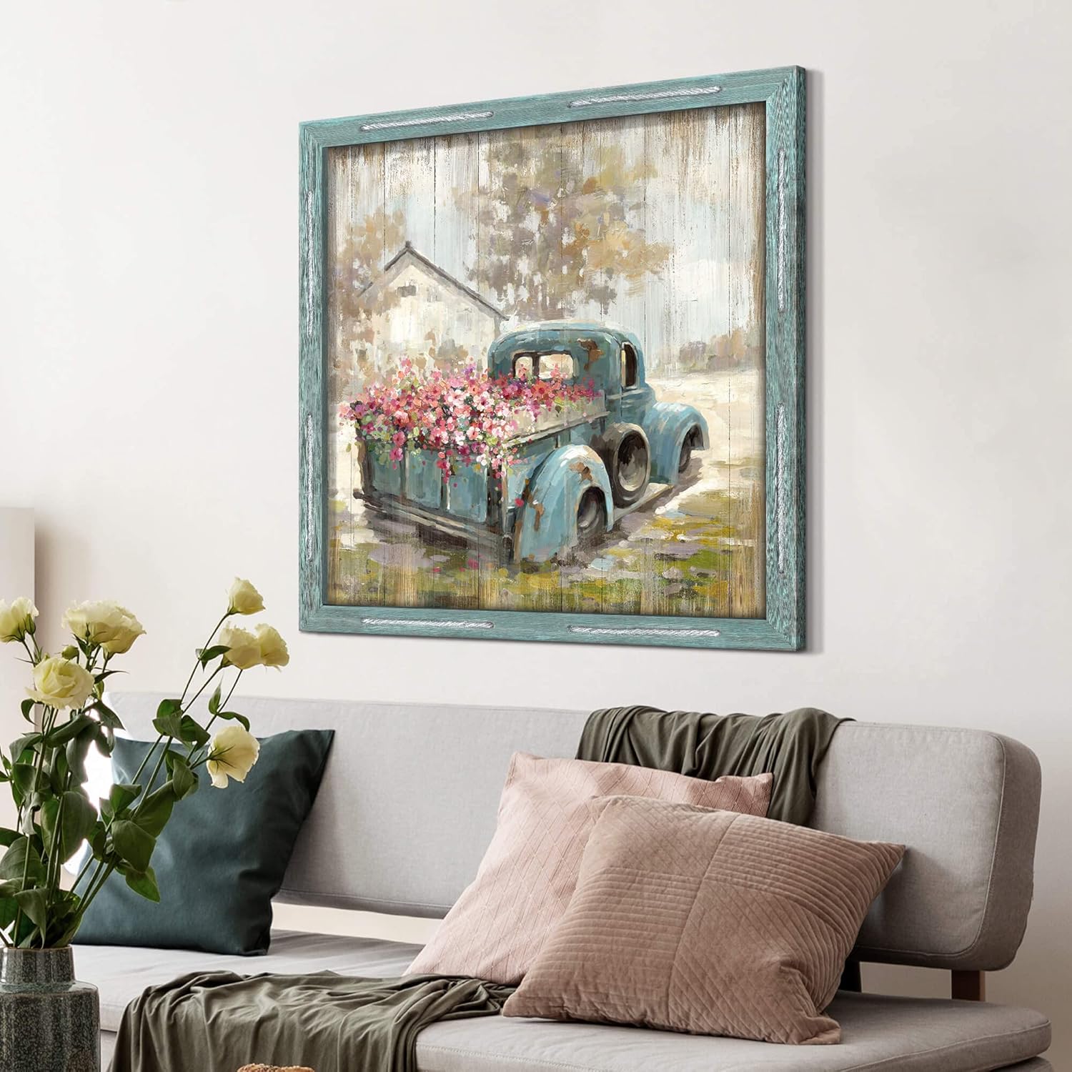Arte de pared de granja Imagen de madera Granero de granja enmarcada decoración rústica paisaje de campo viejo camión con flores impresión campo