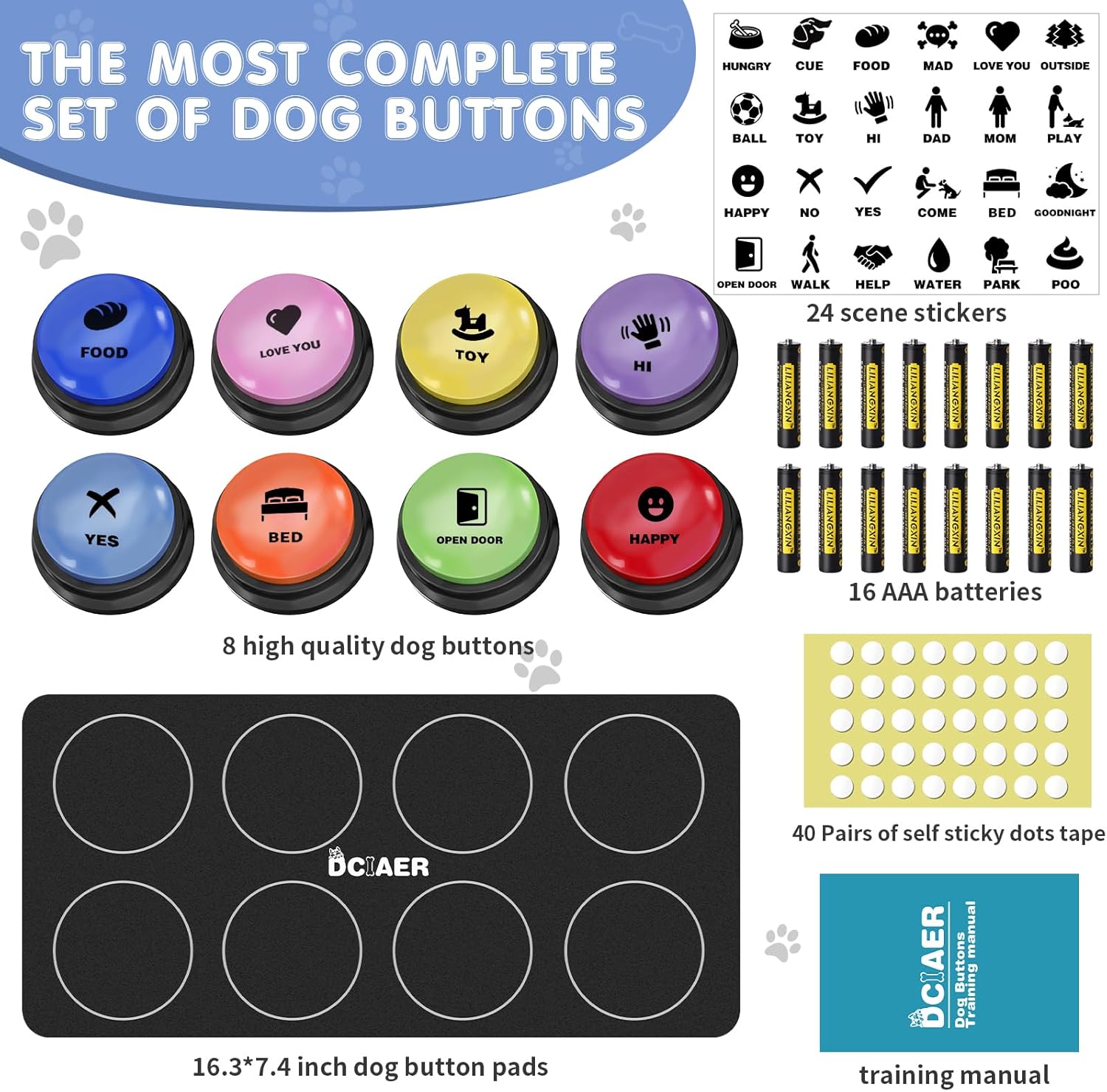 Botones para comunicación para perros, juego de 8 botones de conversación para perros, botones de entrenamiento de voz grabables de 30 segundos, con