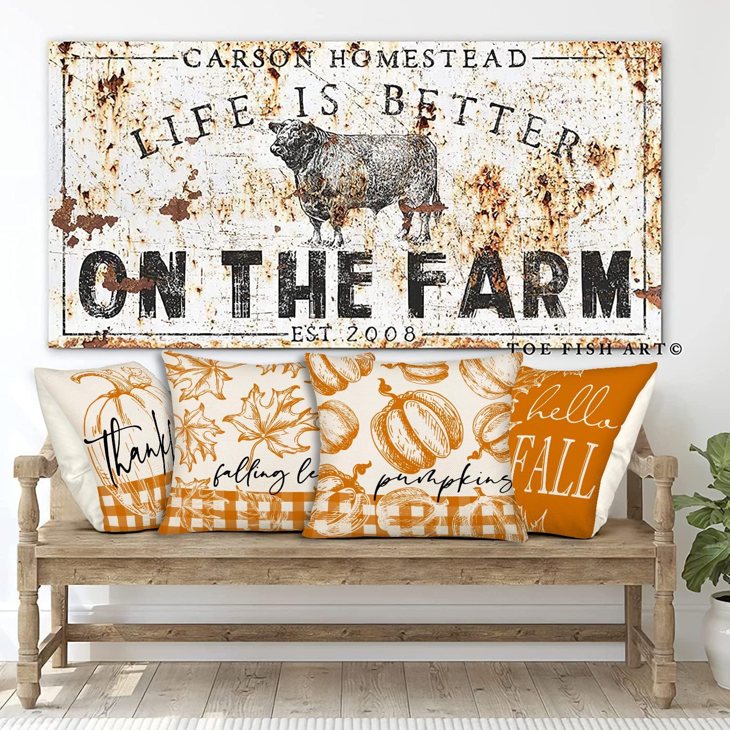 Hello Fall – Juego de 4 fundas de almohada de 24 x 24 pulgadas, color naranja, búfalo, calabaza, hojas de arce, cosecha, decoración al aire libre,