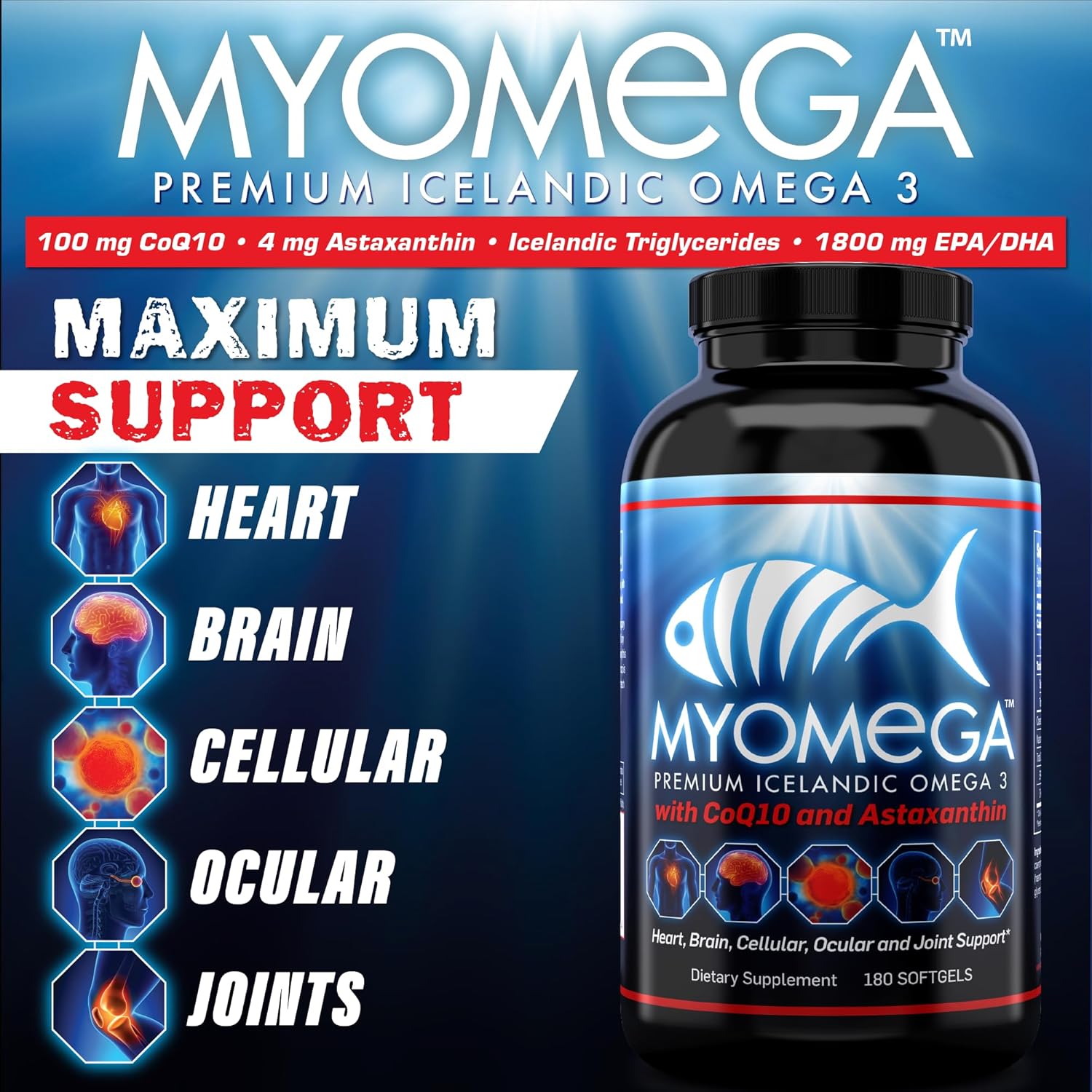 Suplemento de ácidos grasos Omega 3  Myogenix Myomega Premium islandés Omega 3 Suplemento para apoyar la salud del corazón, cerebro y
