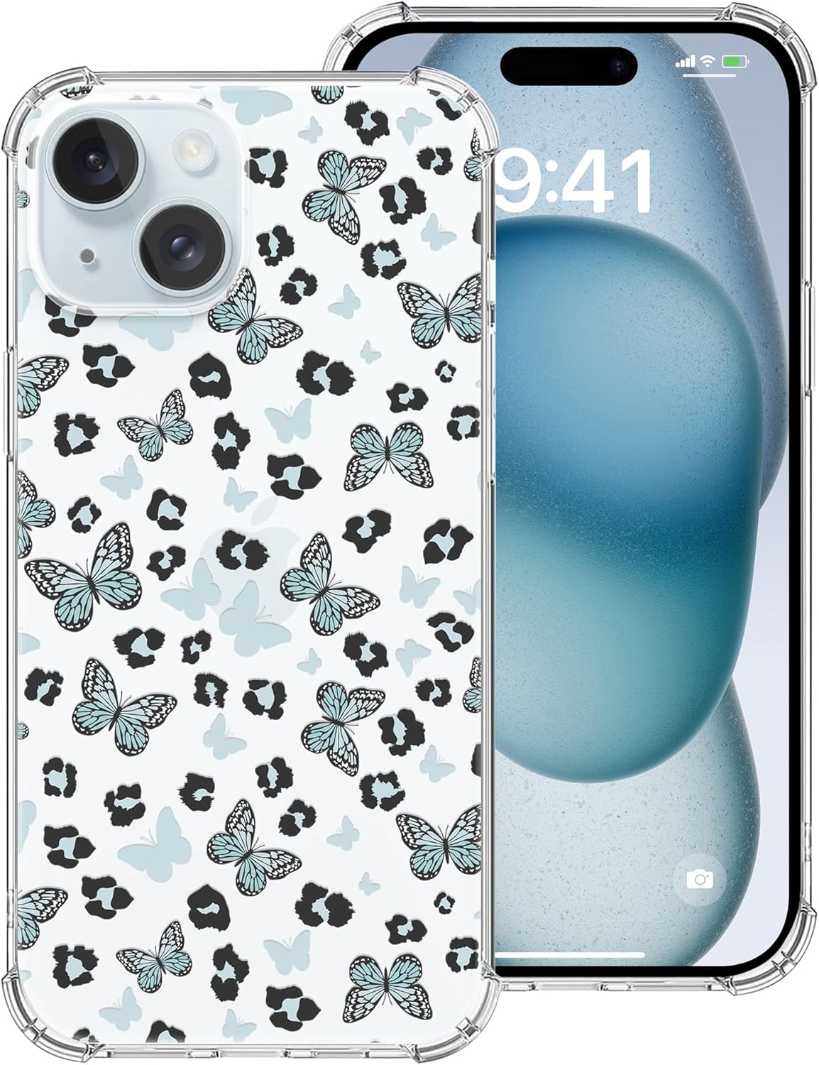 MSEAANBK Funda transparente con manchas de leopardo azul, diseñada para iPhone 15, diseño de mariposa azul, a la moda para niñas y mujeres, 4