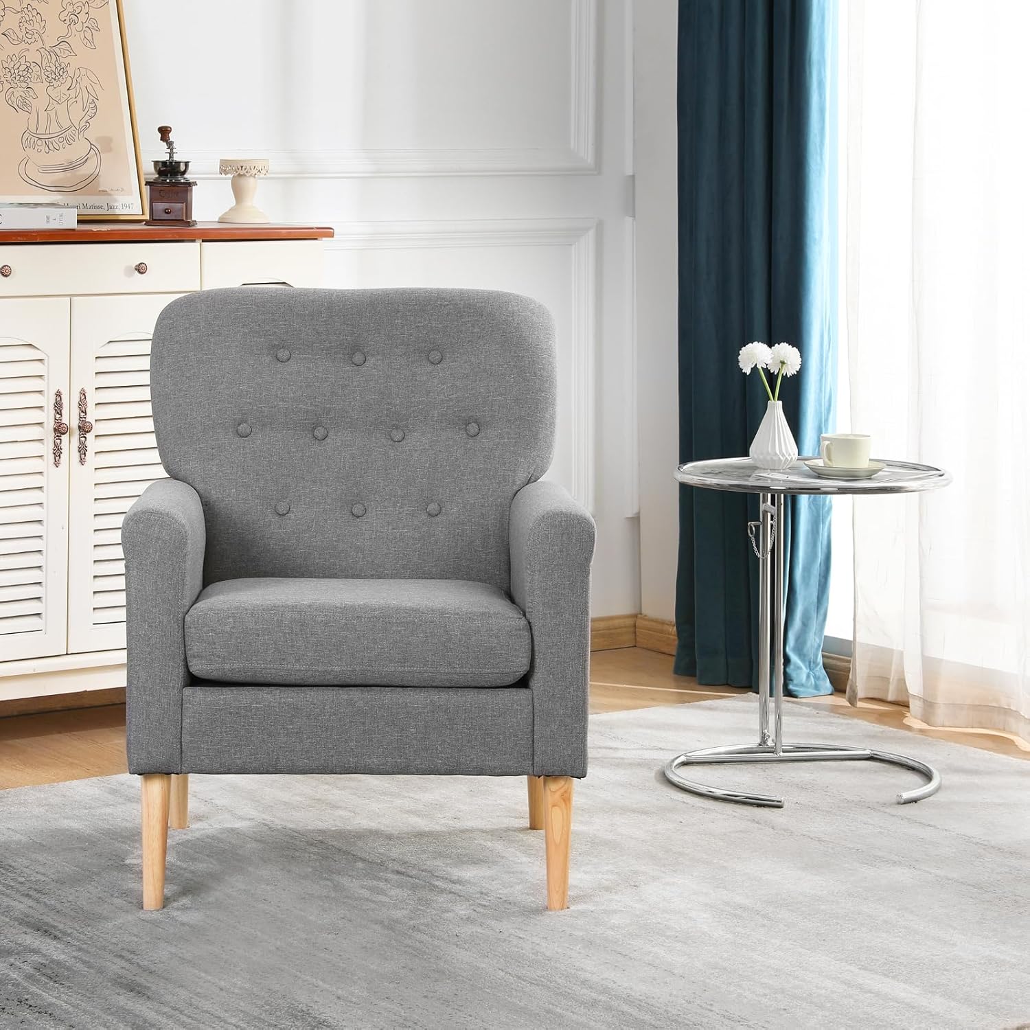 Silla decorativa de tela, sillón moderno de mediados de siglo, cómodo sofá individual con patas de madera, para sala de estar, dormitorio, oficina,