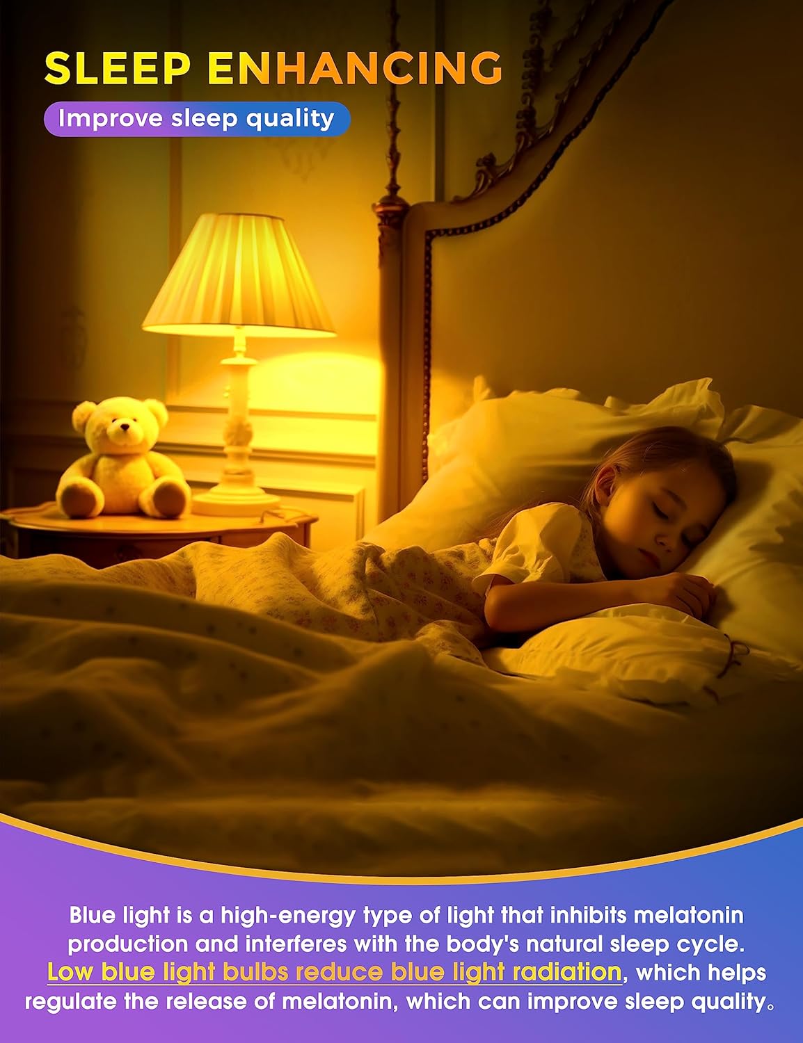 JandCase Bombilla para dormir, bombillas ámbar para terapia del sueño, bloqueo de luz azul, bombillas tenues de 1800 K equivalentes a 60 W, luz