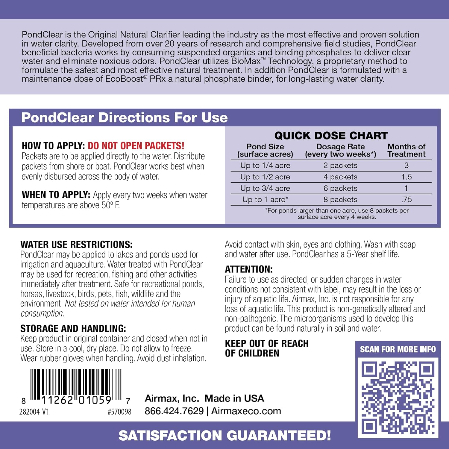 Airmax PondClear Packets, tratamiento clarificador de bacterias beneficiosas y enzimas con Ecoboost PRx, Clear & Clean Pond & Lake Water, seguro