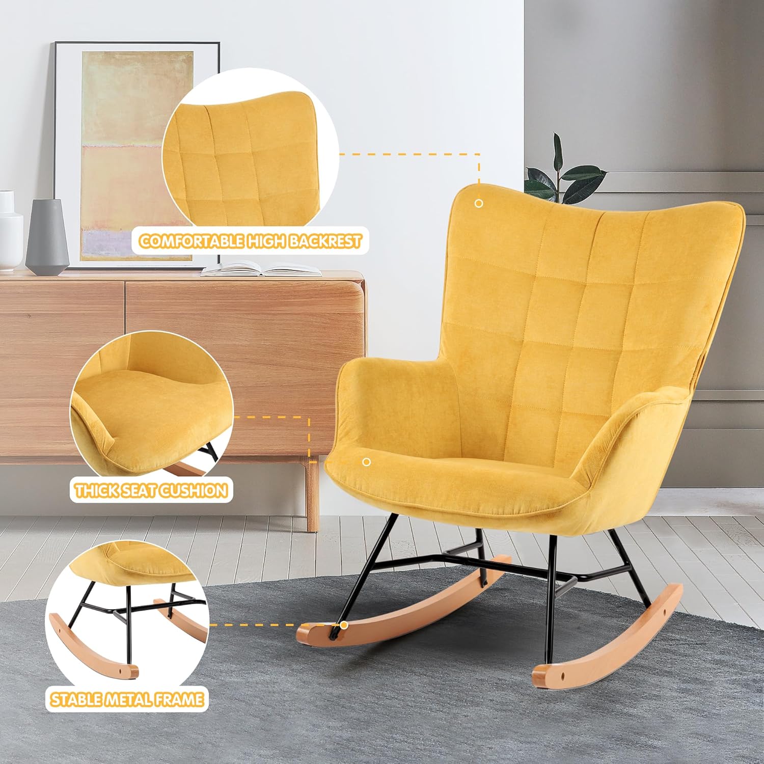 LSSPAID Juego de 1 mecedora para guardería, mecedora tapizada con respaldo alto, cómoda silla deslizante para sala de estar, dormitorio, cuarto de