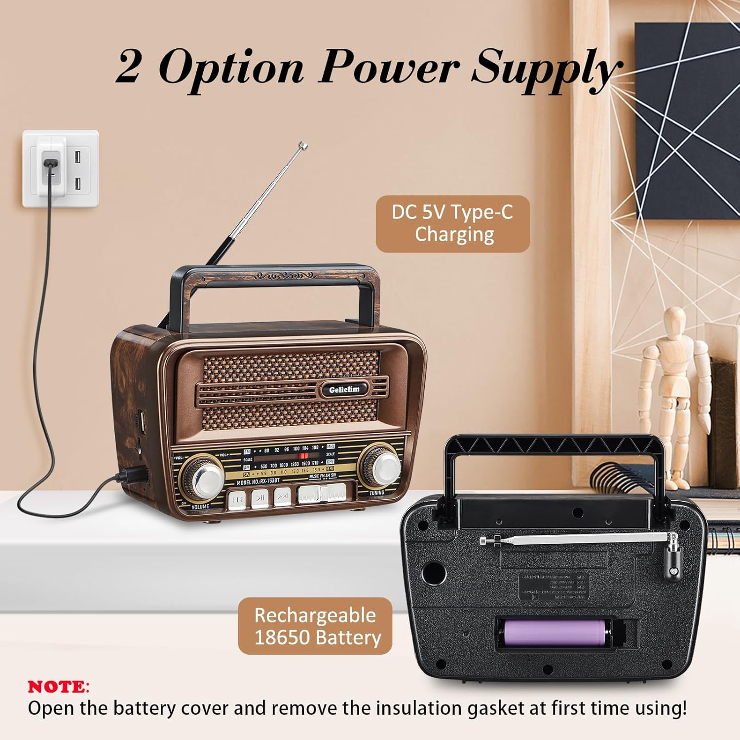 Gelielim Radio retro AM FM, radio portátil de onda corta con la mejor recepción, altavoz Bluetooth 5.3, funciona con pilas, compatible con tarjeta