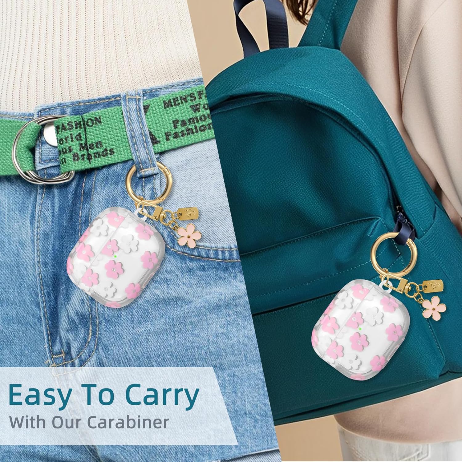 Funda compatible con AirPods 3 2021, funda de TPU suave con bonito patrón de flores para AirPods de 3 generación con llavero de flores y mosquetón