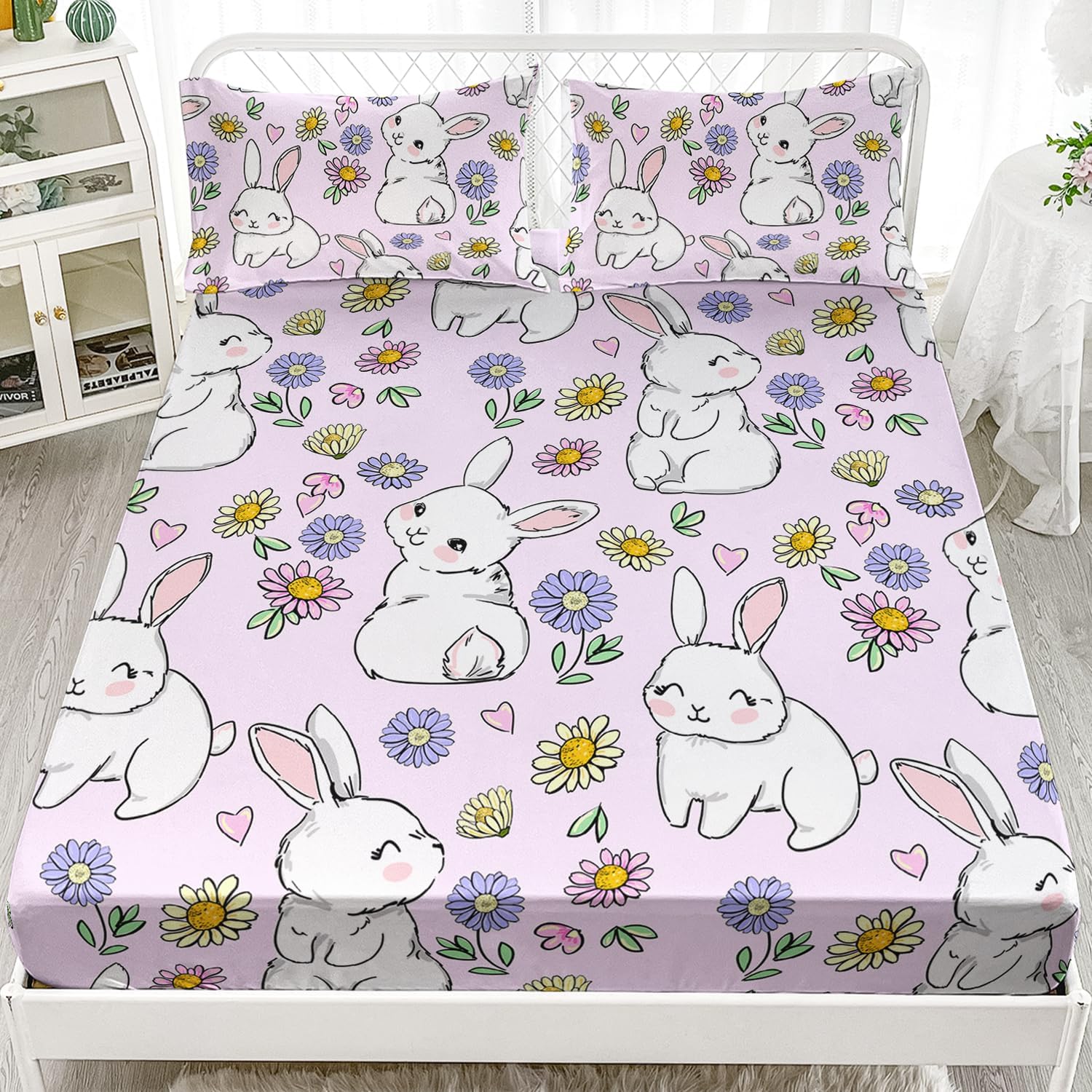 AILONEN Juego de sábanas bajeras de conejo tamaño individual, juego de sábanas Kawaii de conejo, juego de sábanas de conejo floral para niñas y