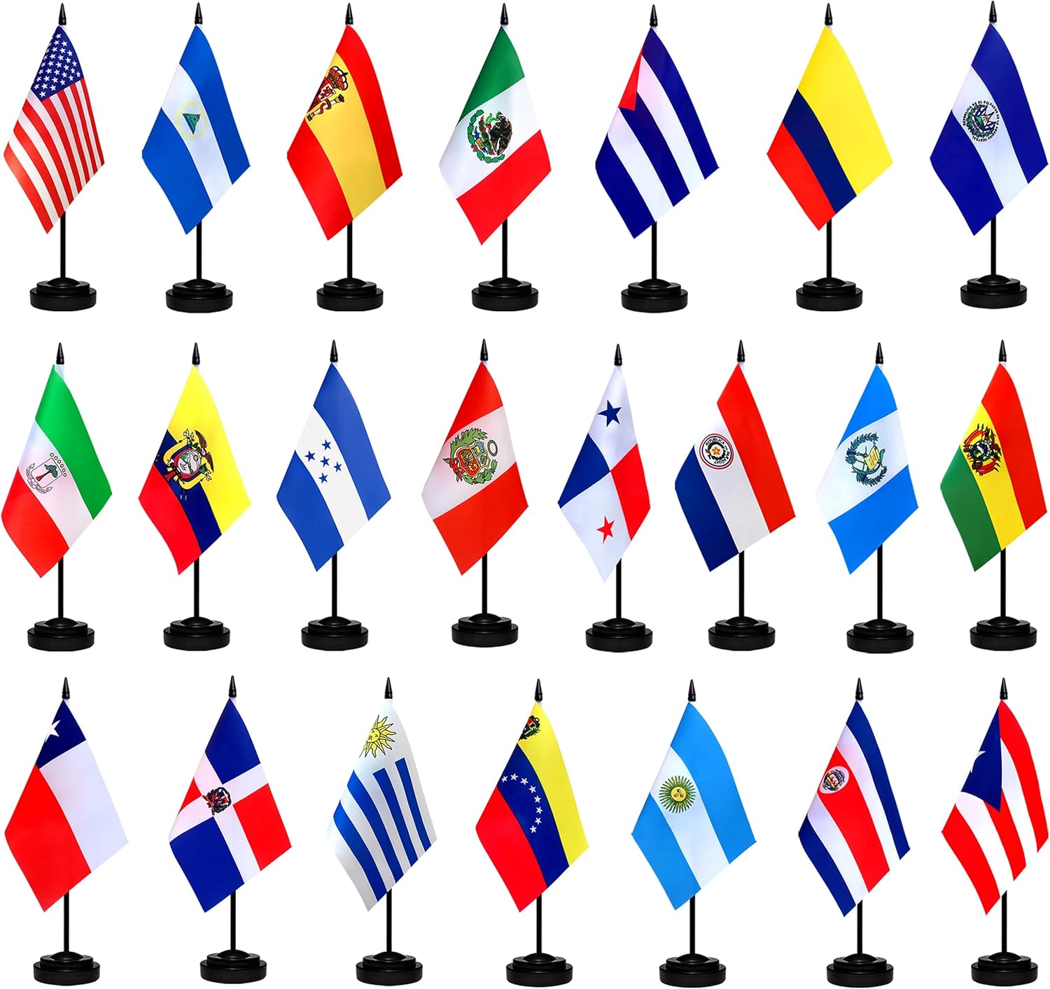 LZXING Juego de banderas de escritorio de habla hispana de 22 países pequeños, mini banderas latinoamericanas para decoraciones del mes hispano, 5 x