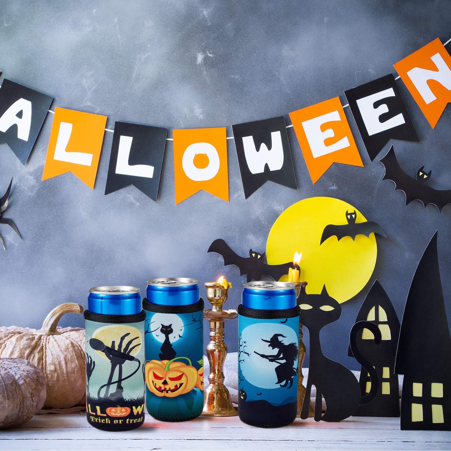 6 fundas enfriadoras de latas de Halloween de 12 onzas, calabaza, bruja, murciélago, fundas para botellas, fundas para latas de cerveza de