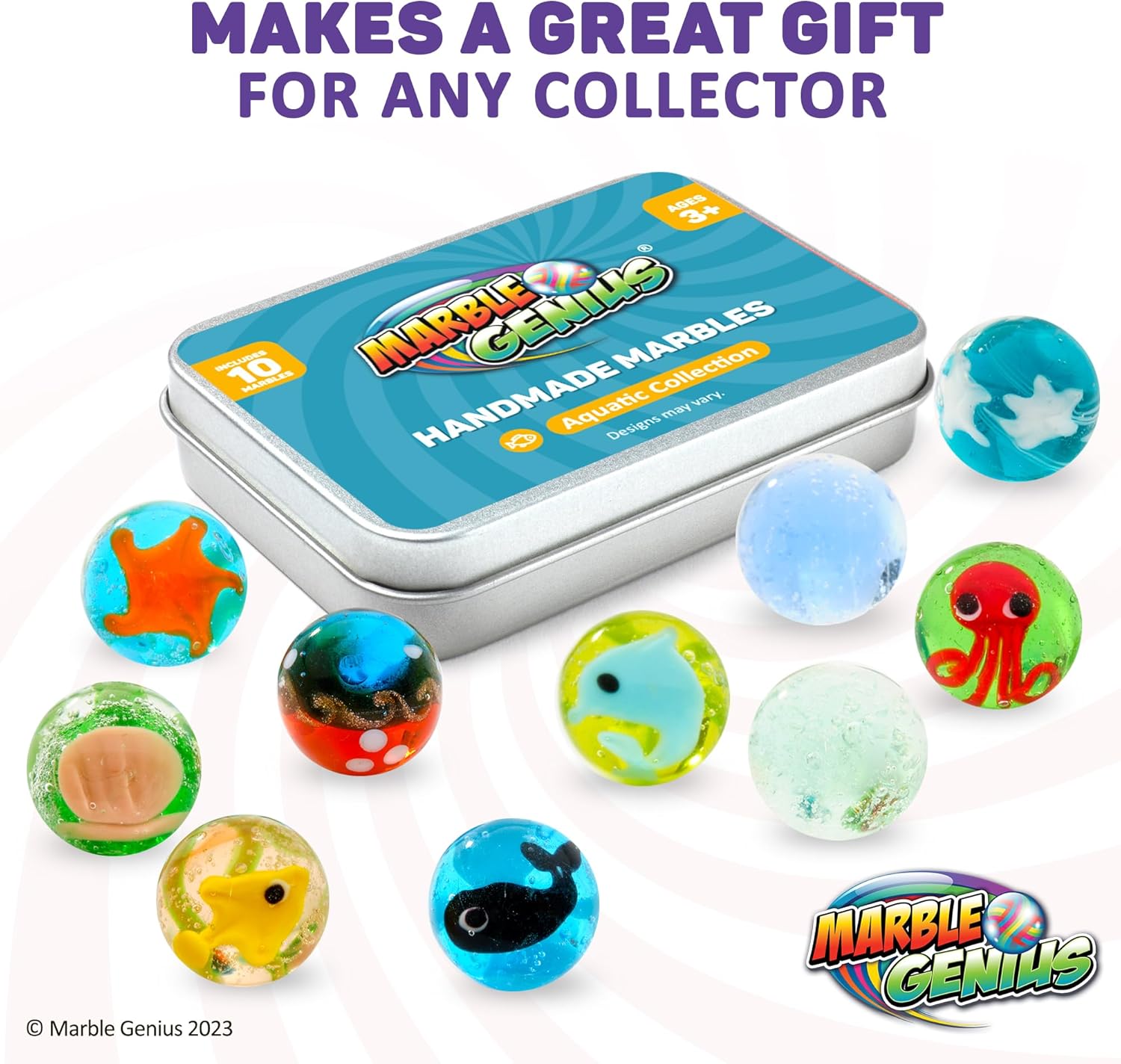 Marble Genius Canicas para coleccionistas, acuáticas, 0.630 in, 10 canicas de vidrio hechas a mano para amantes de los animales, rellenos de
