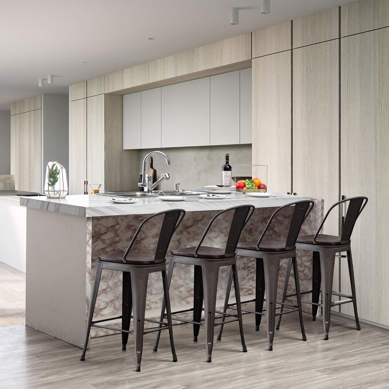 Yongqiang Juego de 4 taburetes de bar giratorios de 24 pulgadas con respaldo alto de metal con asiento de madera, sillas de bar industriales oxidadas