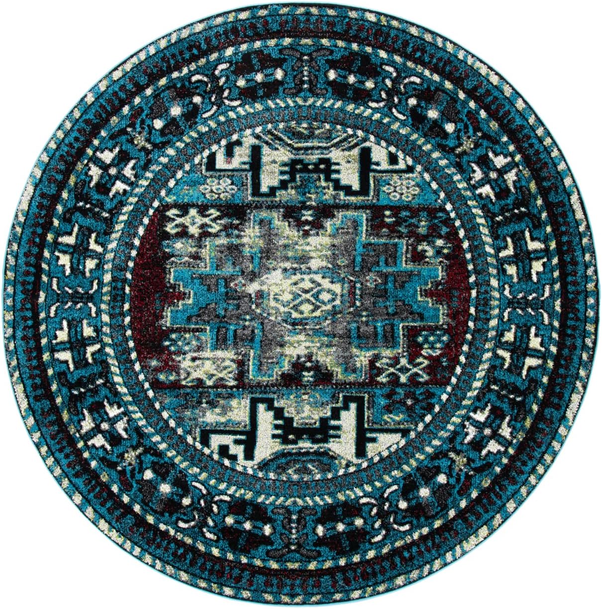 SAFAVIEH Vintage Hamadan Collection – Alfombra redonda de 3 pies, azul claro y negro, diseño oriental tradicional, no desprende pelusa y de fácil