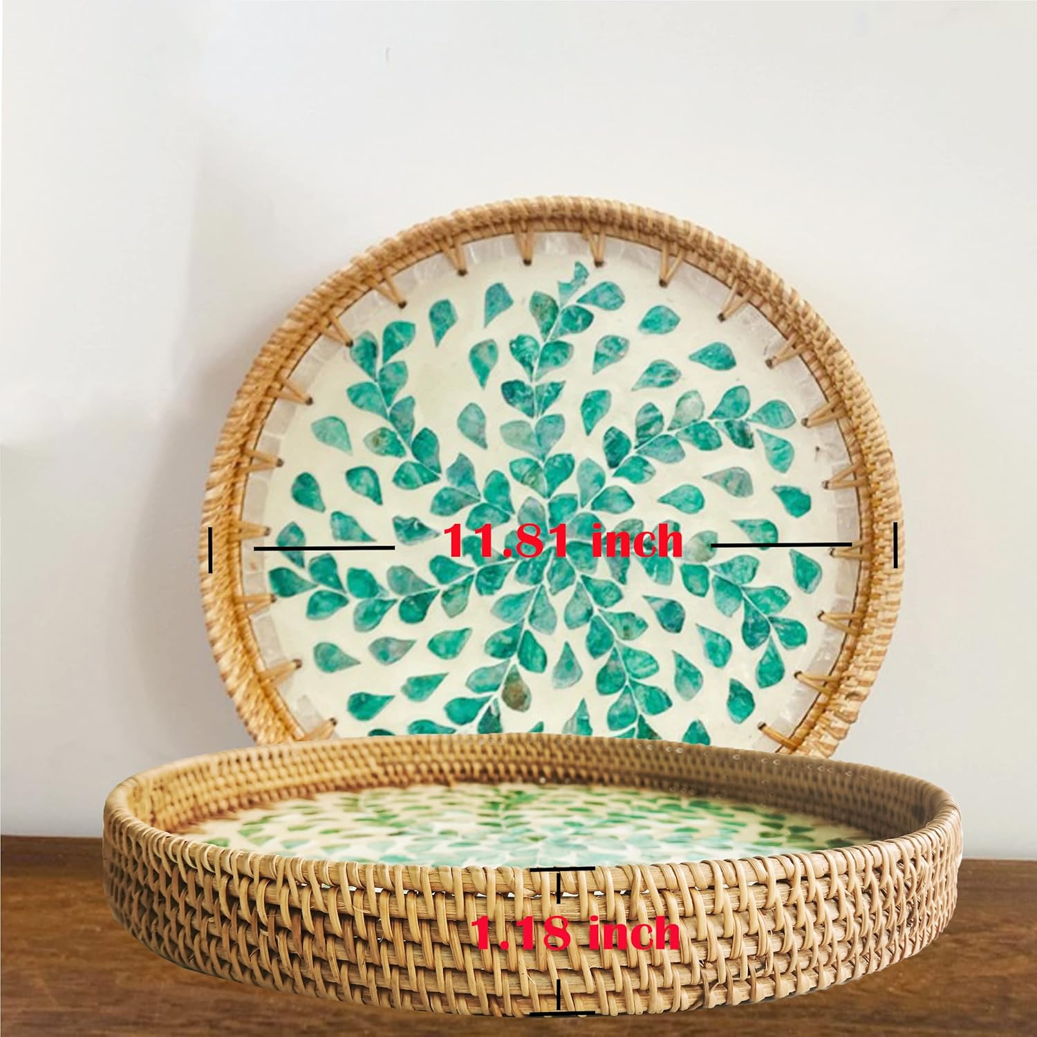 cosybeau Bandeja redonda de ratán de 11.81 pulgadas con incrustaciones de madreperla, bandeja decorativa de Navidad para mesa de café, cesta tejida