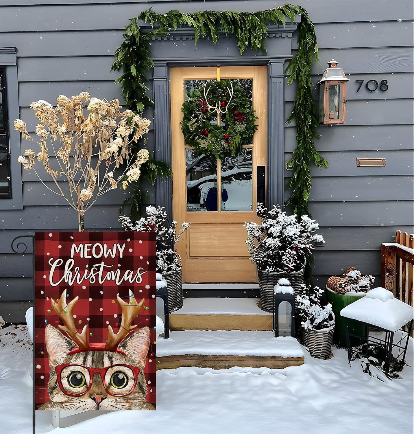 Banderas de jardín de Feliz Navidad de 12 x 18 pulgadas, verticales de doble cara, cuadros rojos navideños con gato, decoración exterior de patio