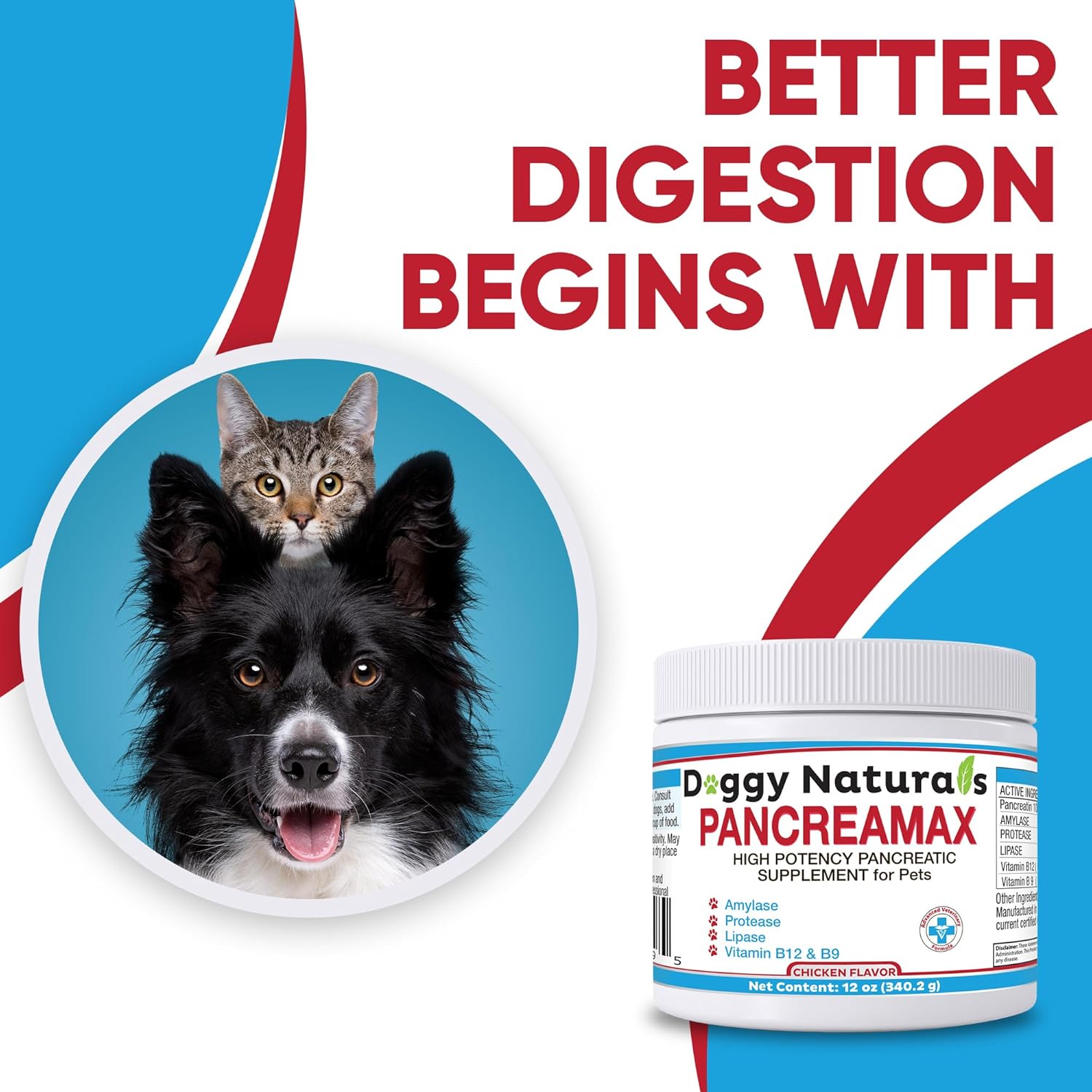PancreaMax – 10 suplementos de enzimas digestivas pancreáticas para gatos y perros (12 onzas) en polvo (fabricado en Estados Unidos). 10 pancreatina