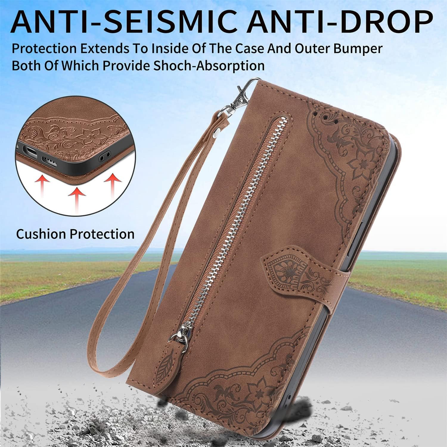 Funda tipo cartera para Xiaomi Poco X3X3 NFCX3 Pro, correa de muñeca de piel sintética de lujo con cremallera y soporte para tarjeta de crédito,