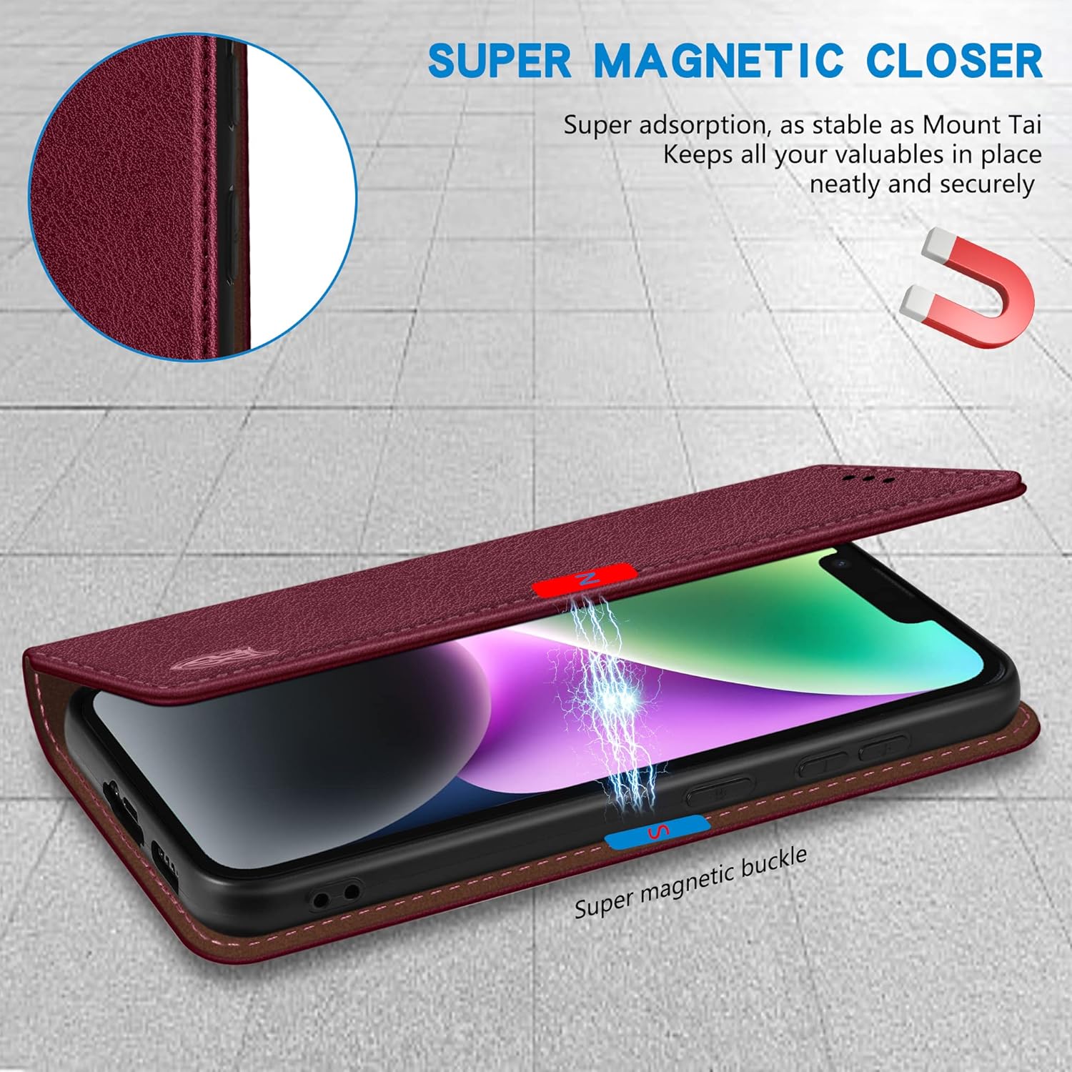 ZZXX Funda tipo cartera para iPhone 15 con bloqueo RFID, soporte de ranura para tarjetas, funda magnética fuerte de cuero plegable para iPhone 15