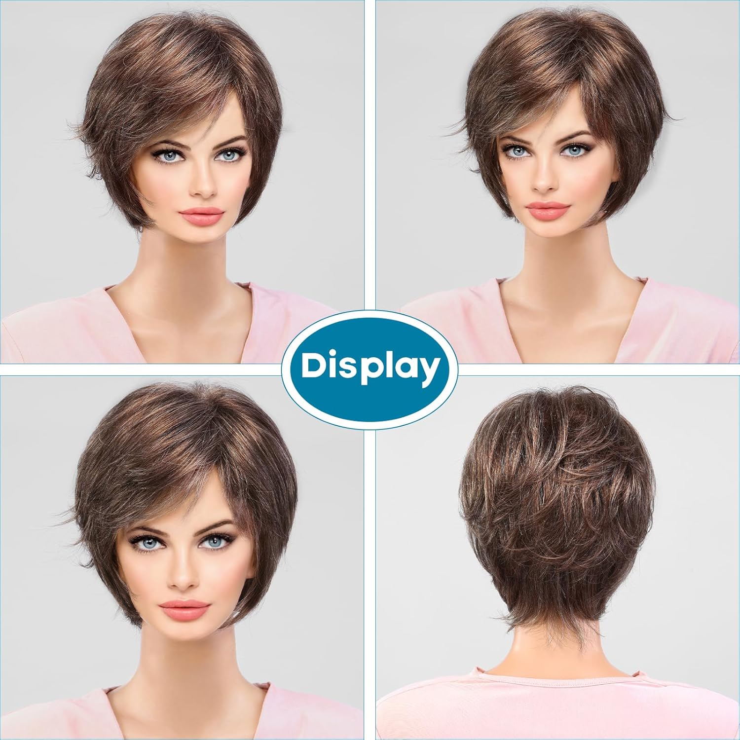 HAIRCUBE Peluca corta marrón mixta con fleco, pelucas de corte Pixie en capas para mujer, fibra sintética de memoria saludable, pelucas sin