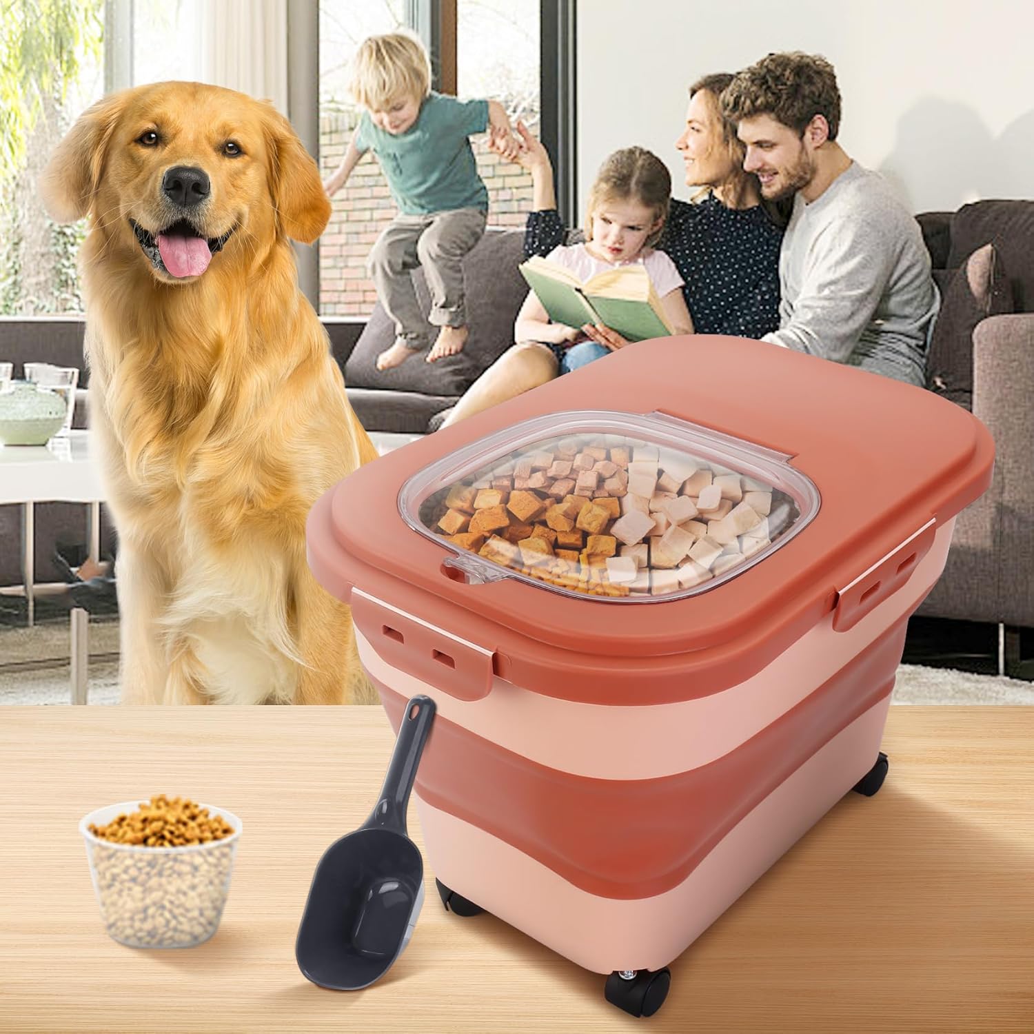 ShineMe Contenedor plegable de comida para perros de 20 libras, caja de almacenamiento de alimentos para mascotas con tapa y ruedas, taza medidora y