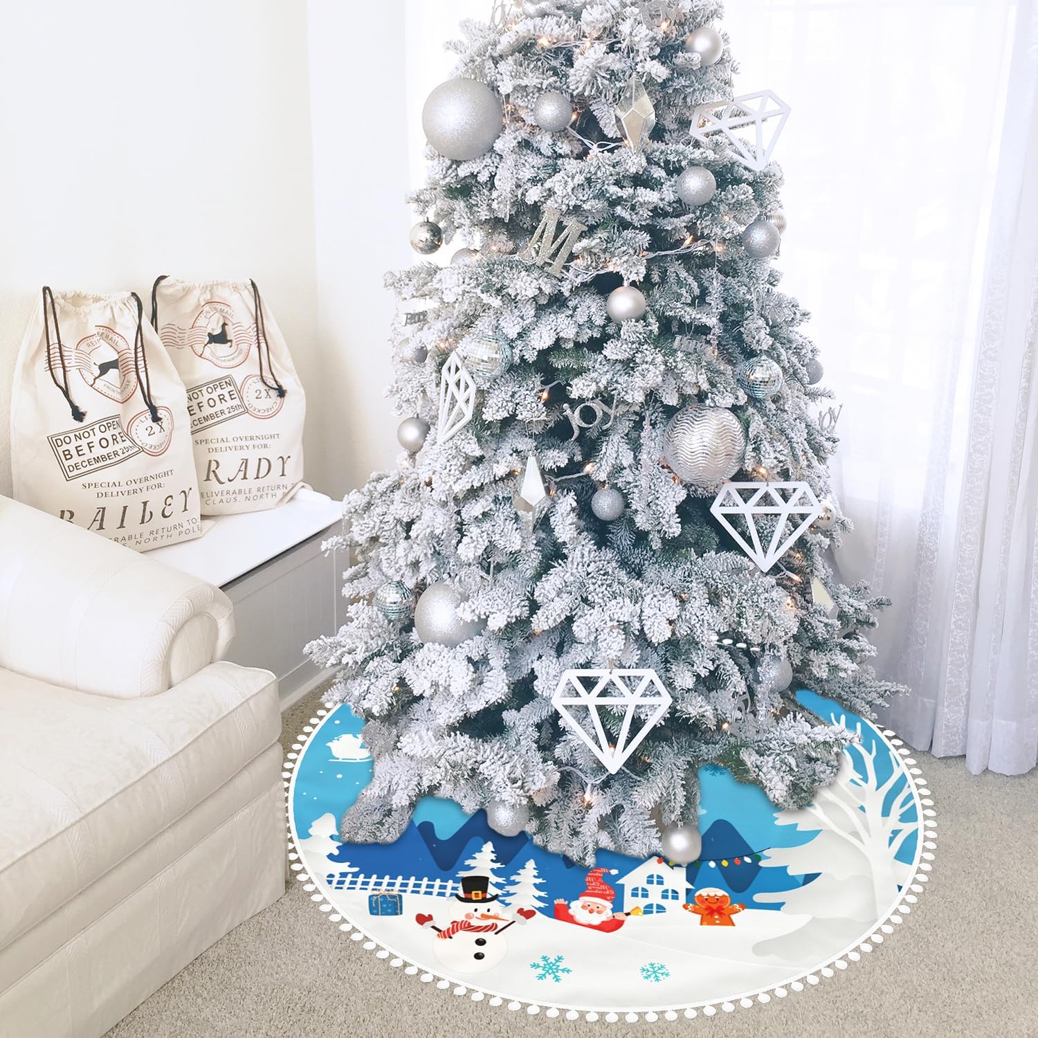 Falda de árbol de Navidad azul de 36 pulgadas con ribete de pompones, tapete de árbol de Navidad blanco con bonito Papá Noel, reno, gnomo, granja,