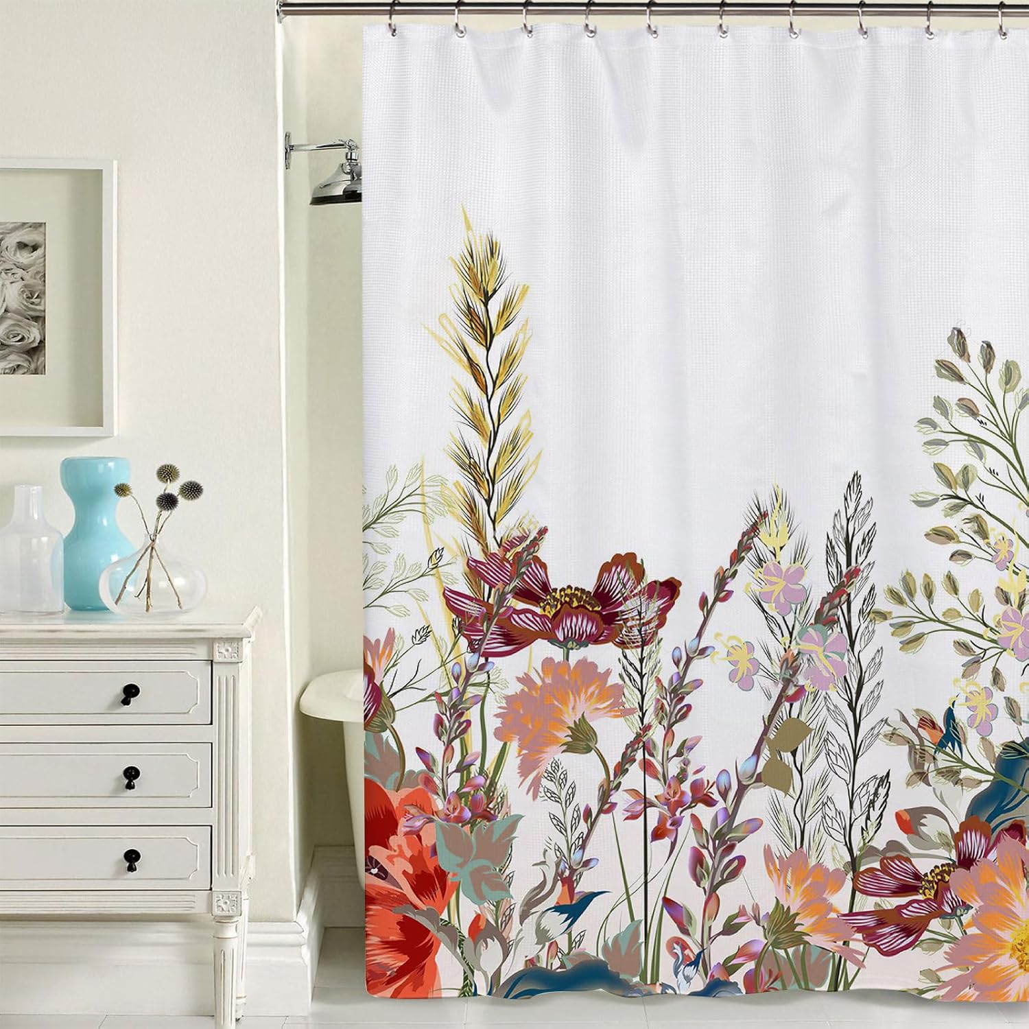 Cortina de ducha floral para baño, cortina de ducha de flores de acuarela con 12 ganchos, decoración de baño para el hogar, bañeras, fácil cuidado,