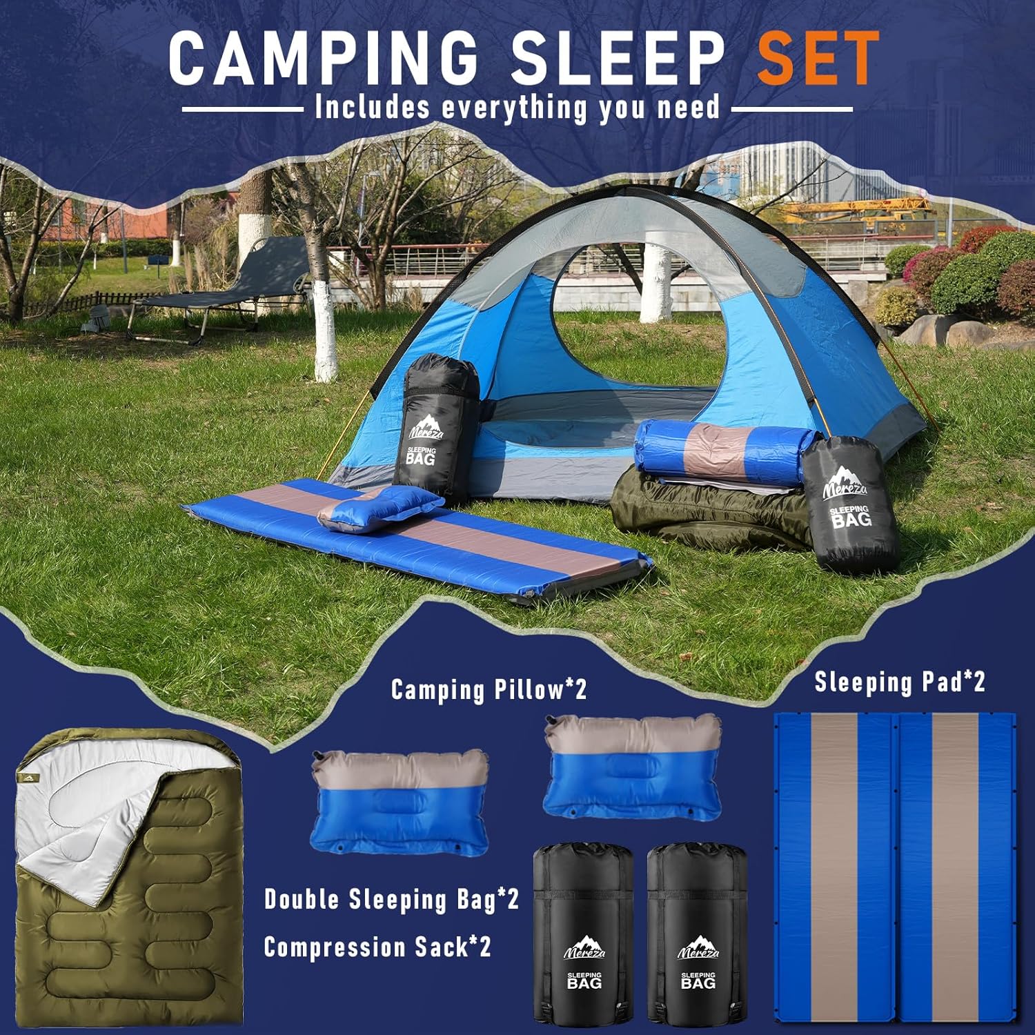 MEREZA Almohadilla de dormir de espuma viscoelástica autoinflable+sacos de dormir para 2 personas, 3 pulgadas de grosor, doble almohadilla de