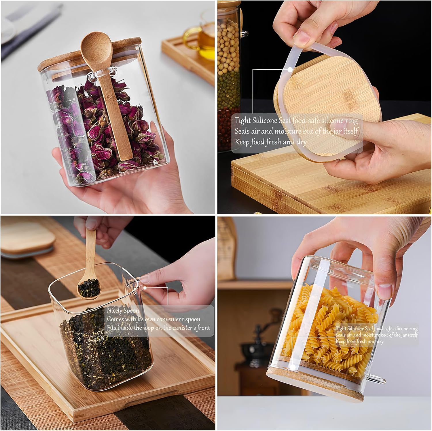 MengCat Tarros de vidrio herméticos cuadrados de 27 onzas con tapa y cuchara, juego de recipientes de almacenamiento de alimentos con clase para