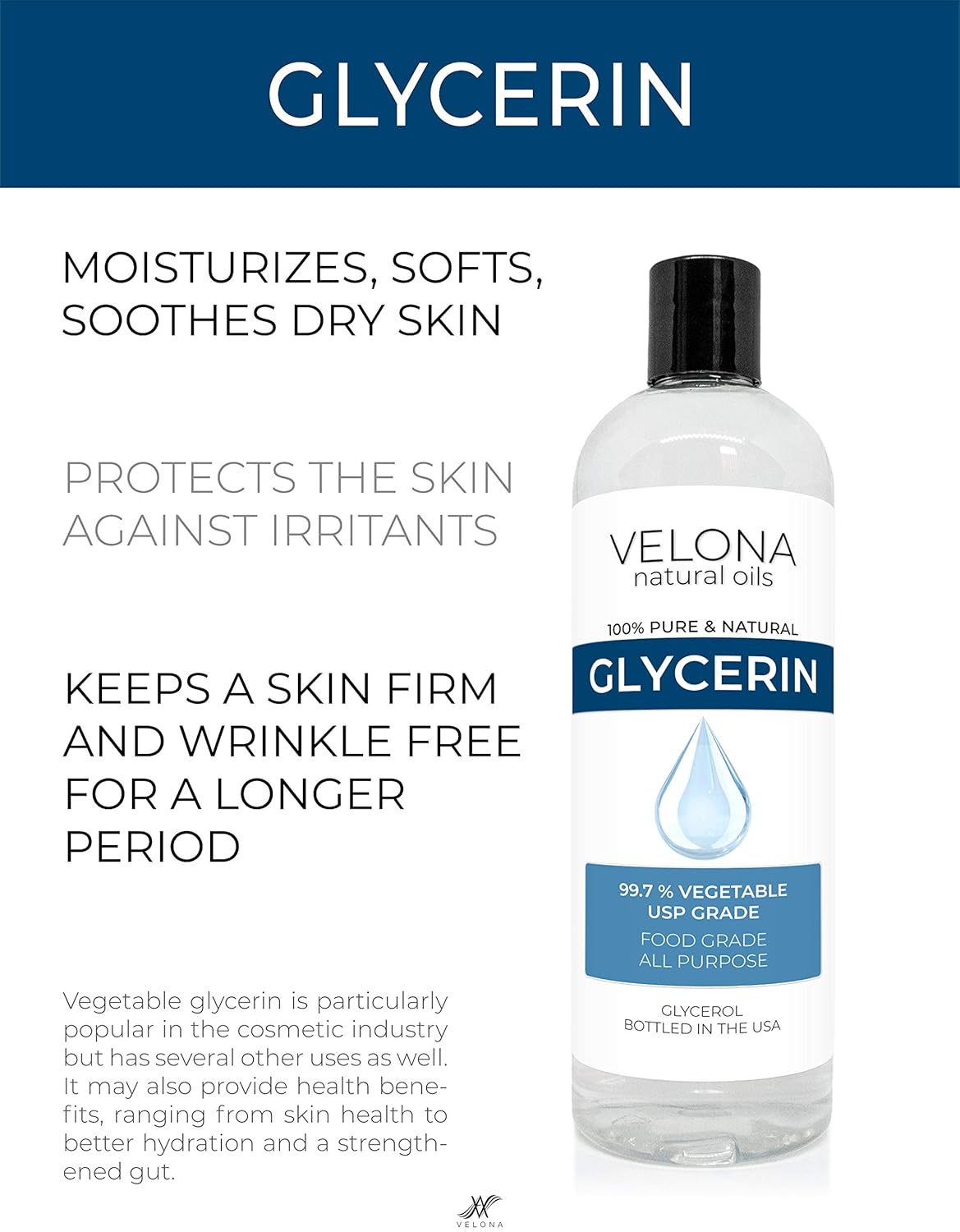 velona – Aceite portador 100% puro y natural de glicerina, grado USP, 3 onzas, hidratante para cabello y cara para piel seca, baño de burbujas,