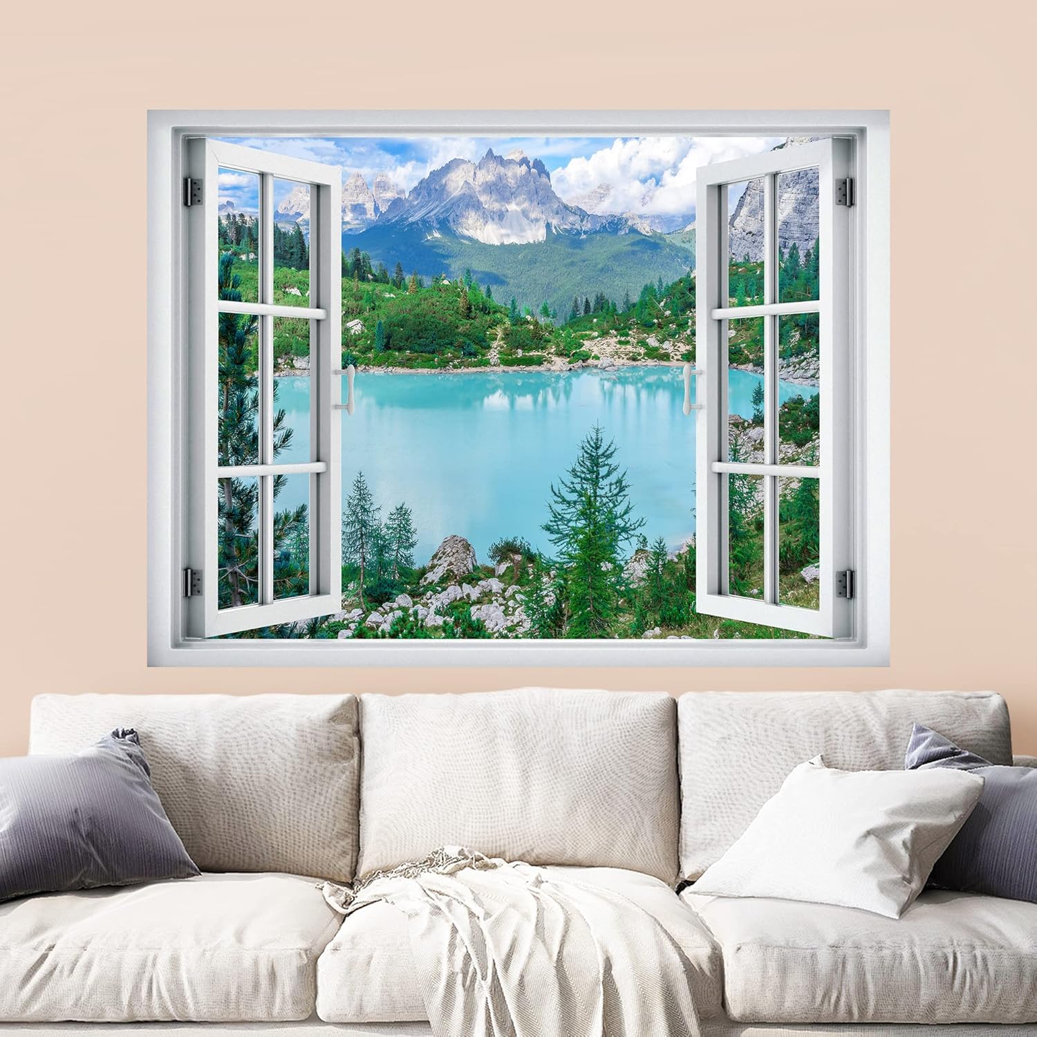 wall26 Adhesivo mural removible para pared, vista panorámica de la cordillera, bosque, lago, cielo nublado, naturaleza, desierto, fotografía,