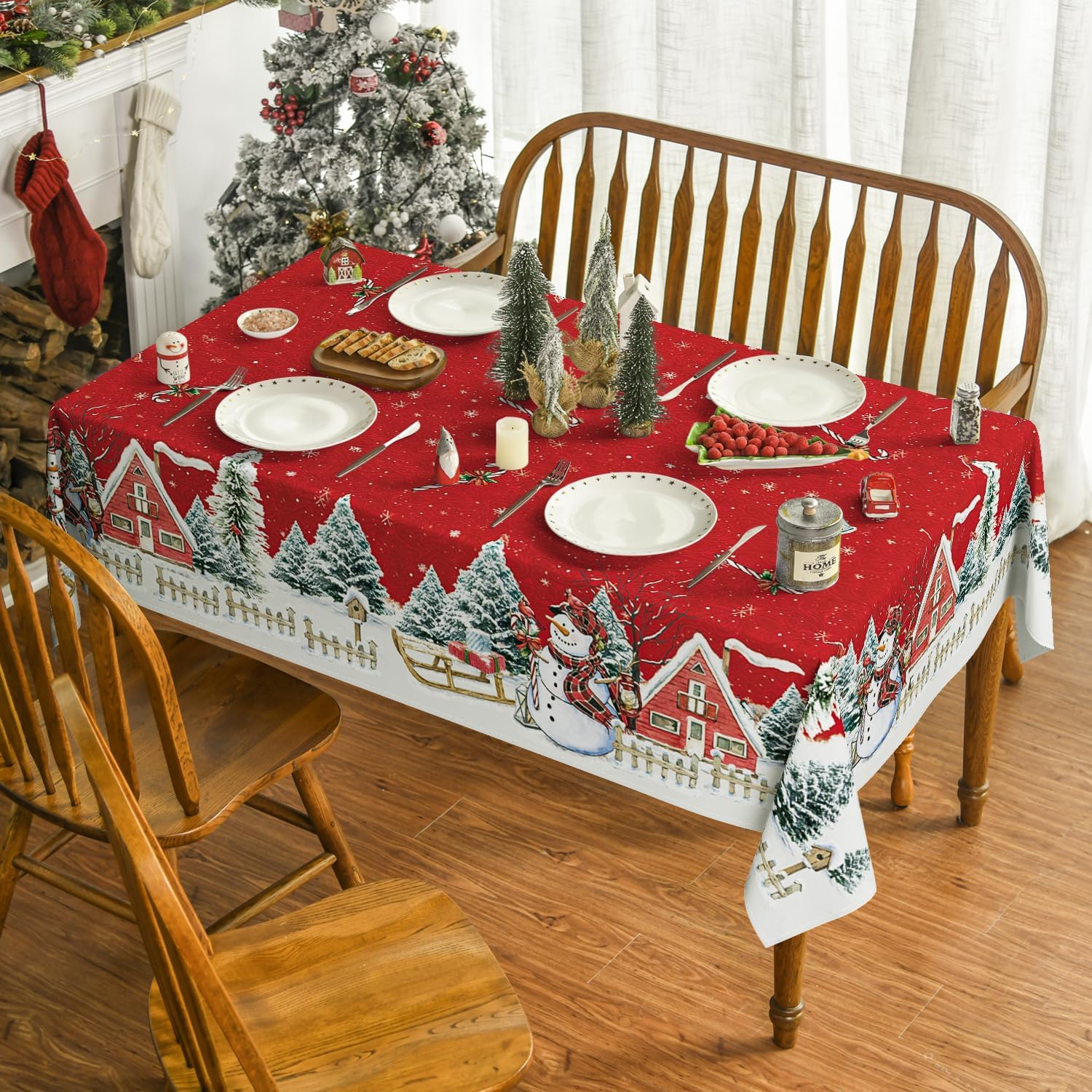 Horaldaily Mantel de Navidad de 60 x 84 pulgadas, casa de muñeco de nieve de invierno, árboles de Navidad, color rojo, lavable, para fiesta, picnic,