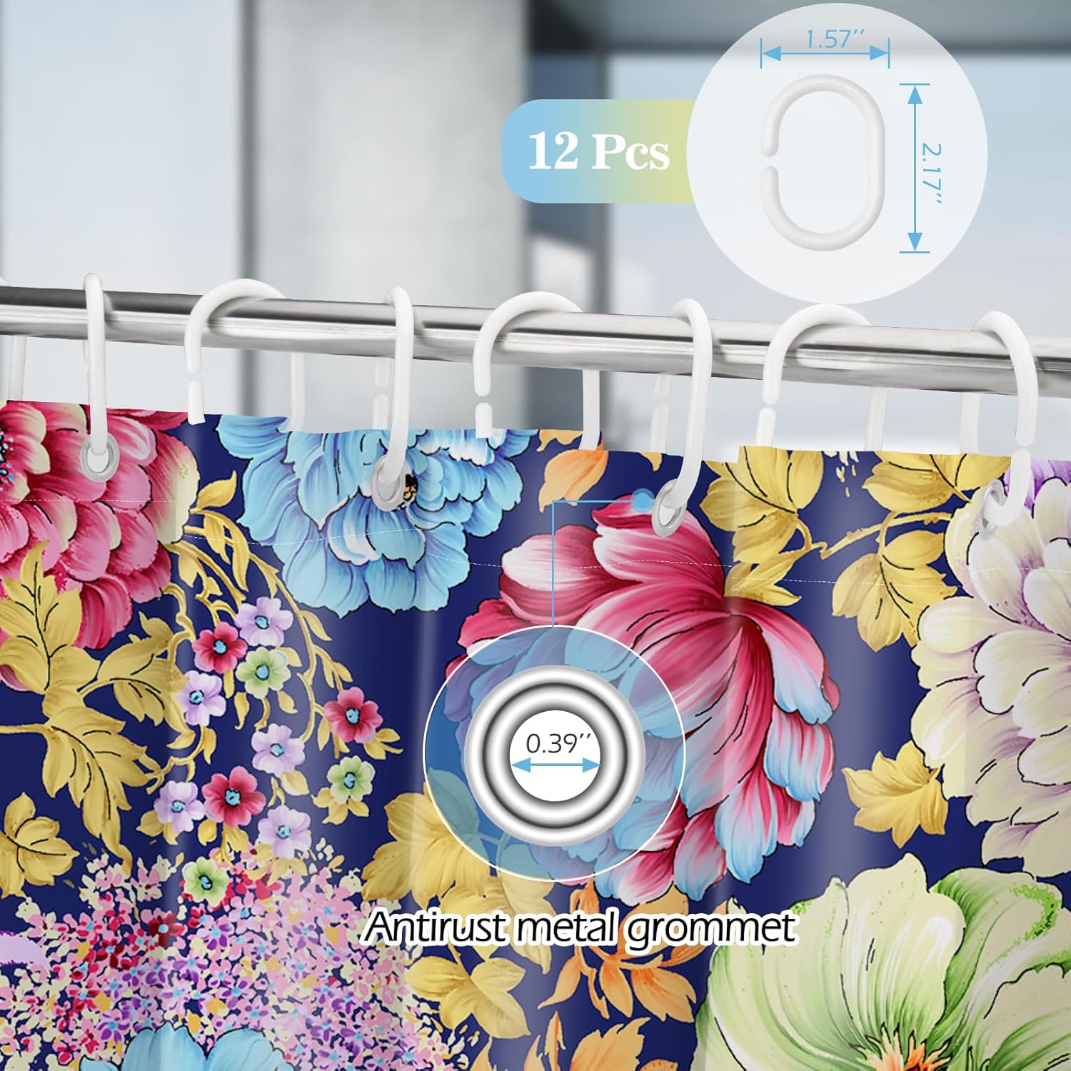 Aimego Cortinas de ducha florales bohemias, juego de cortina de ducha con 12 ganchos para adultos y niños, accesorios de decoración de baño, 72 x 72