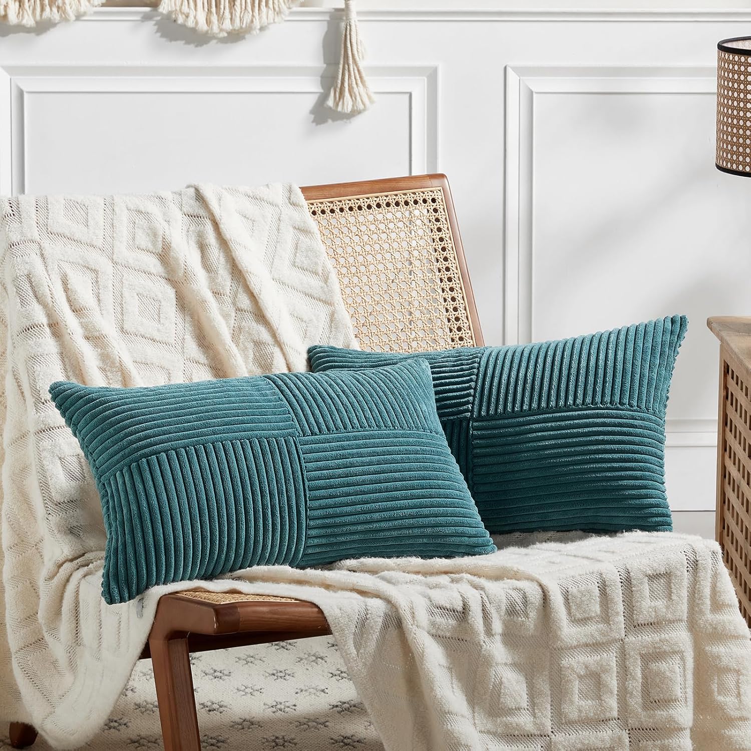 Fancy Homi – 2 fundas decorativas para cojín lumbar y rectangular de pana suave y texturizada a rayas, decoración rústica y bohemia de casa de