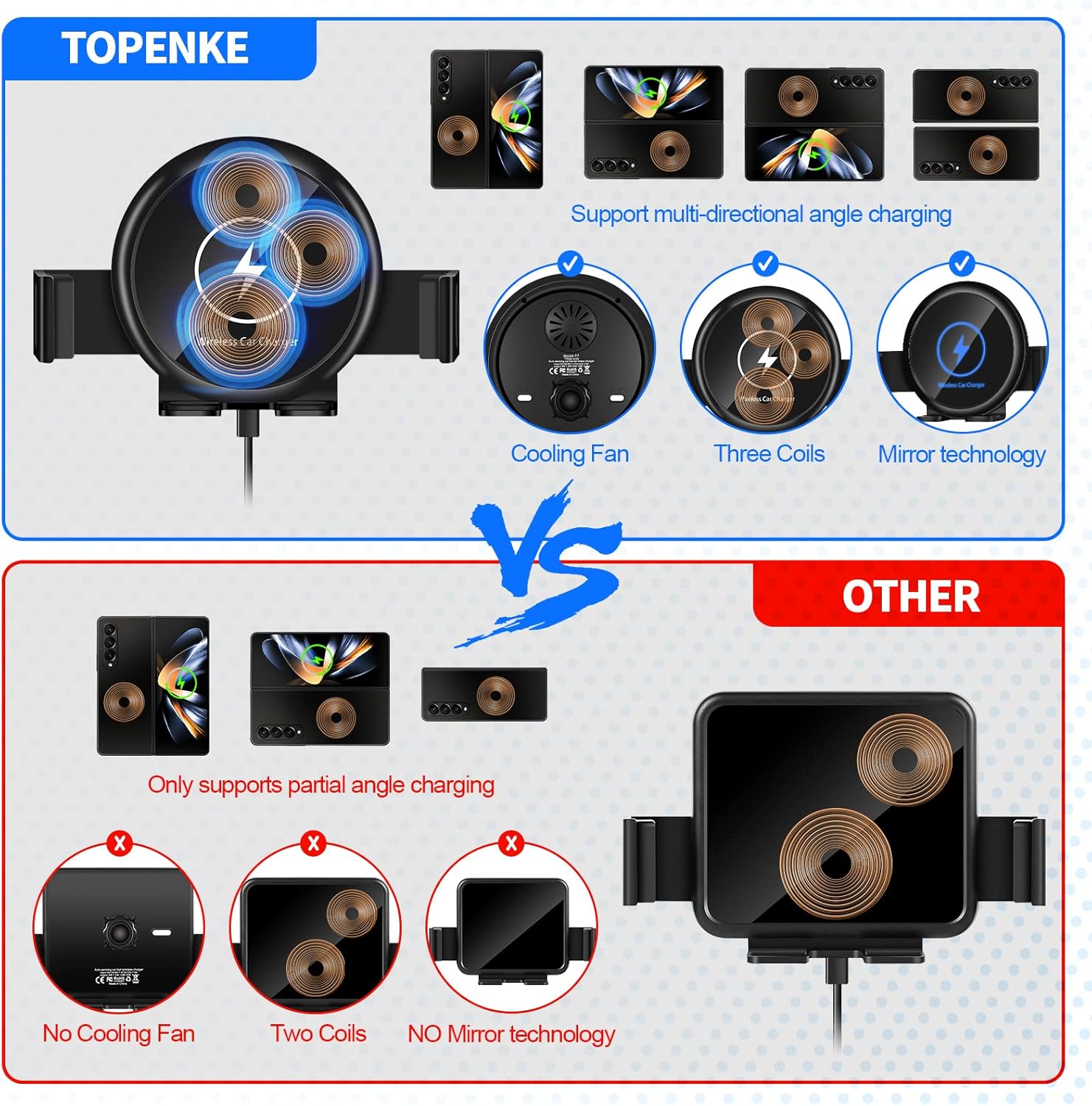 Cargador de coche inalámbrico de tres bobinas de 20 W con ventilador de refrigeración, para Z Fold 5, carga rápida con sujeción automática para