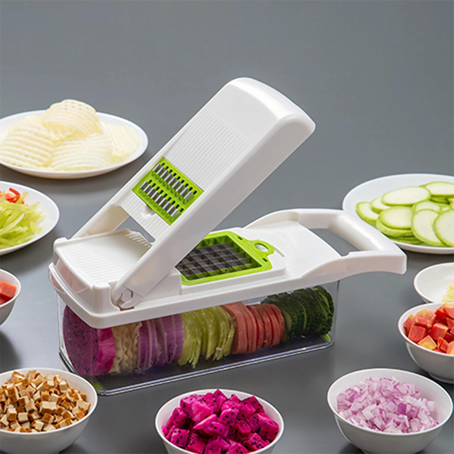 Cortador de verduras definitivo picador multifuncional 14 en 1 con recipiente, rebanar, cortar en dados, espiralizar y rallar para una fácil
